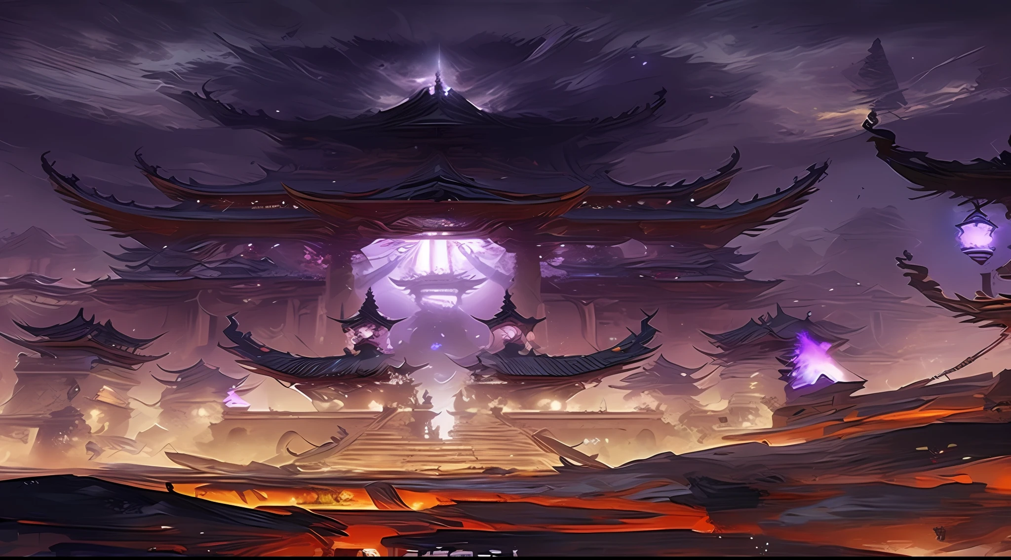 a painting of a large building with a fire in the middle, by Yang J, G Liulian art style, world of warcraft art style, author：Qu Leilei, cyberpunk chinese ancient castle, By Li Song, world of warcraft concept art, author：Song Xu, andreas rocha style, author：Song Maojin, author：Ju Chao, chengwei pan on artstation