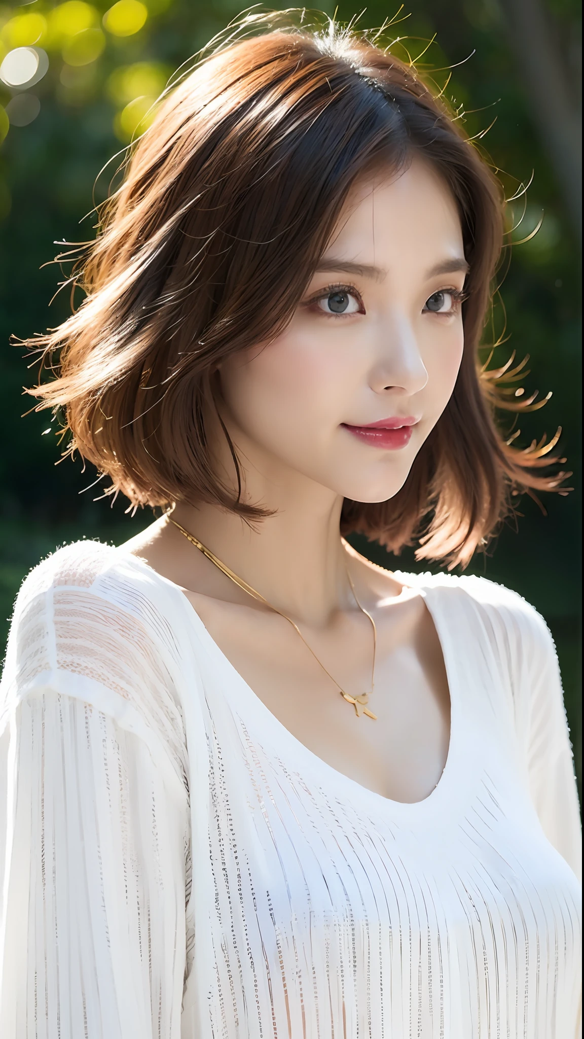 (Best quality, 8k, 32k, Masterpiece, UHD:1.2),Photo of Pretty Japanese woman, large breasts, very short bob hair,upper body,face focus,oversized_sweater, necklace, simple background, from above, looking at viewer,