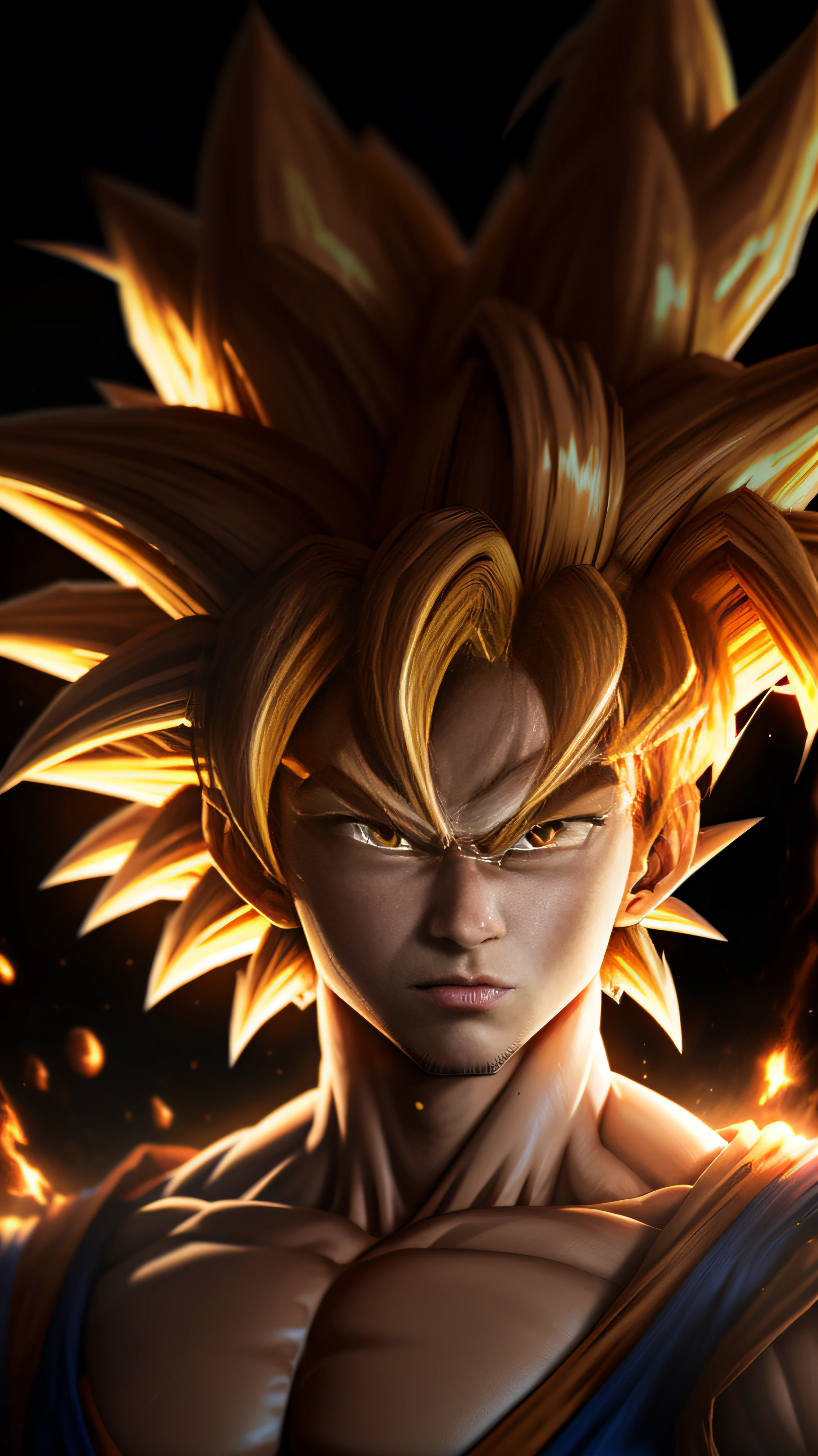 Super Sayajin Goku , imagem em 3d , perfect lighting , ( olhos verdes sem deformidades ) , Scenario with destruction , olhar focado , imagem realista , melhor qualidade , sombrancelha amarela , corpo todo , anime wallpaper