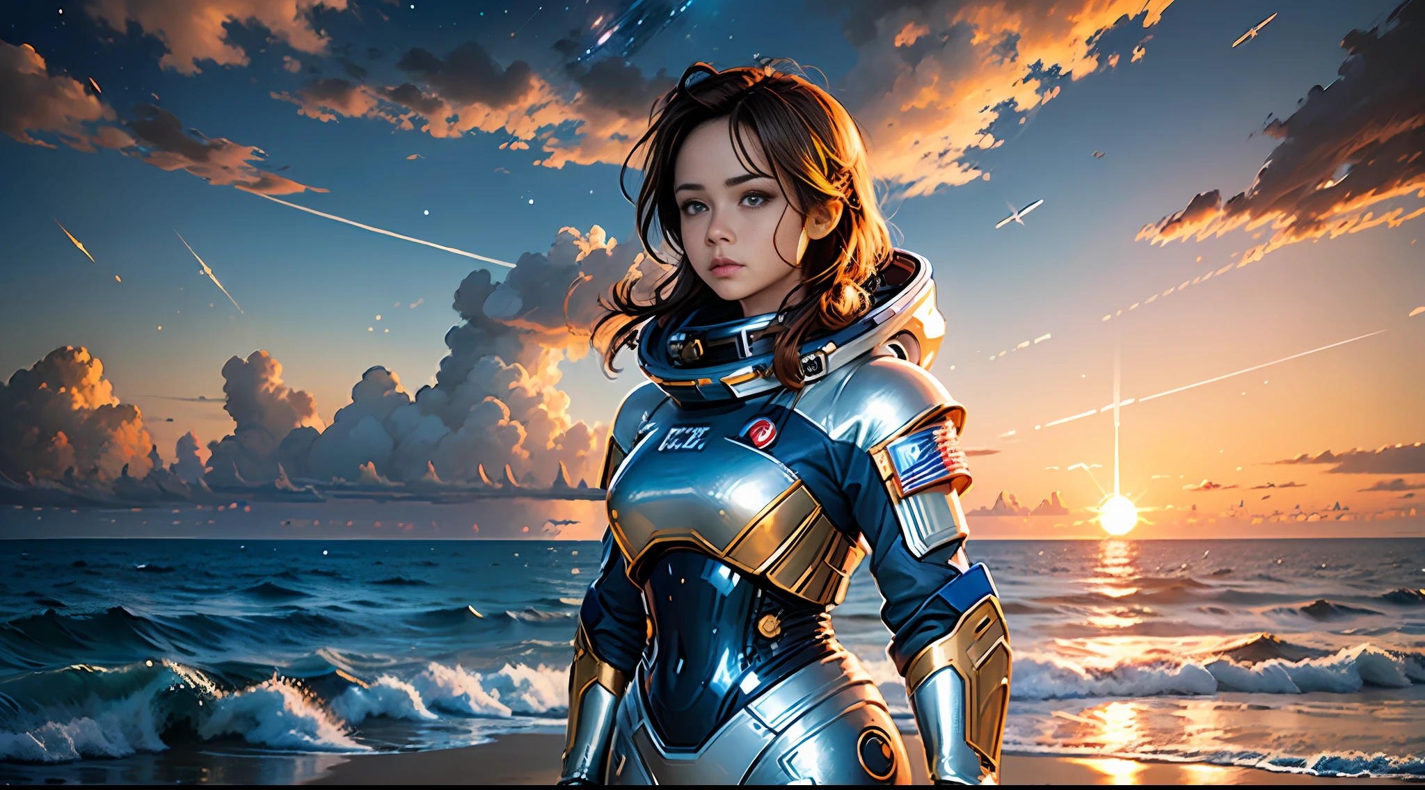 ((woman standing on the beach)), detailed anime face, mid shot, (chrome golden and blue sci-fi space suit), brown hair, (white clouds), sunset, stars, ships far away in ocean