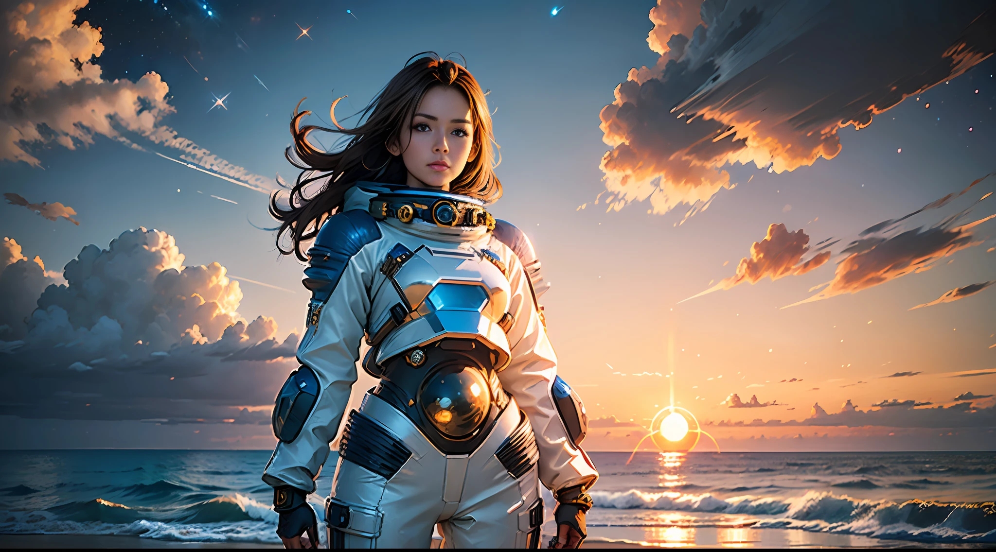 ((woman standing on the beach)), detailed anime face, mid shot, (chrome golden and blue sci-fi space suit), brown hair, (white clouds), sunset, stars, ships far away in ocean