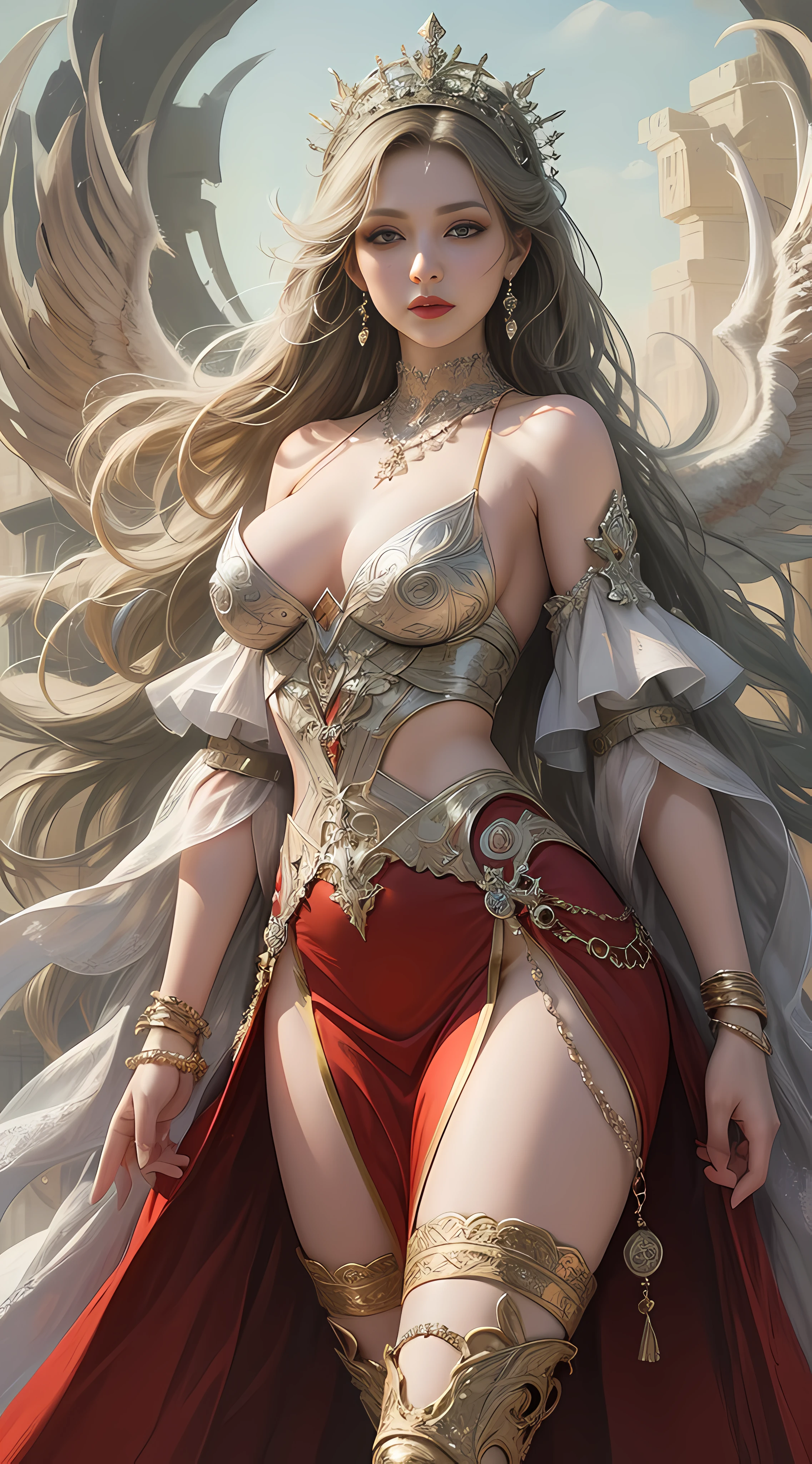 Ultra high quality，8K，Girls do not show their breasts，High neck lace top，High cold wind，red lip，The head proportions are perfect，silverlong hair，The princess does not show her breasts, and the long dress is red and white，Swan neck，and the sun is shining，necklace of diamonds，Get it all together，The color of the clothing is bright, High saturation，High detail depiction，wings