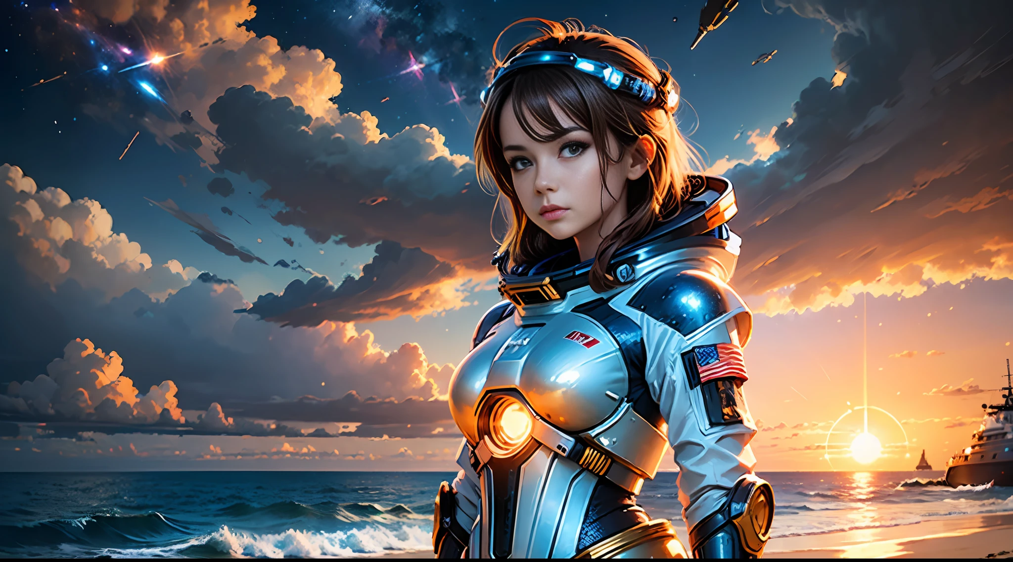 ((woman standing on the beach)), detailed anime face, mid shot, (chrome golden and blue sci-fi space suit), brown hair, (white clouds), sunset, stars, ships far away in ocean