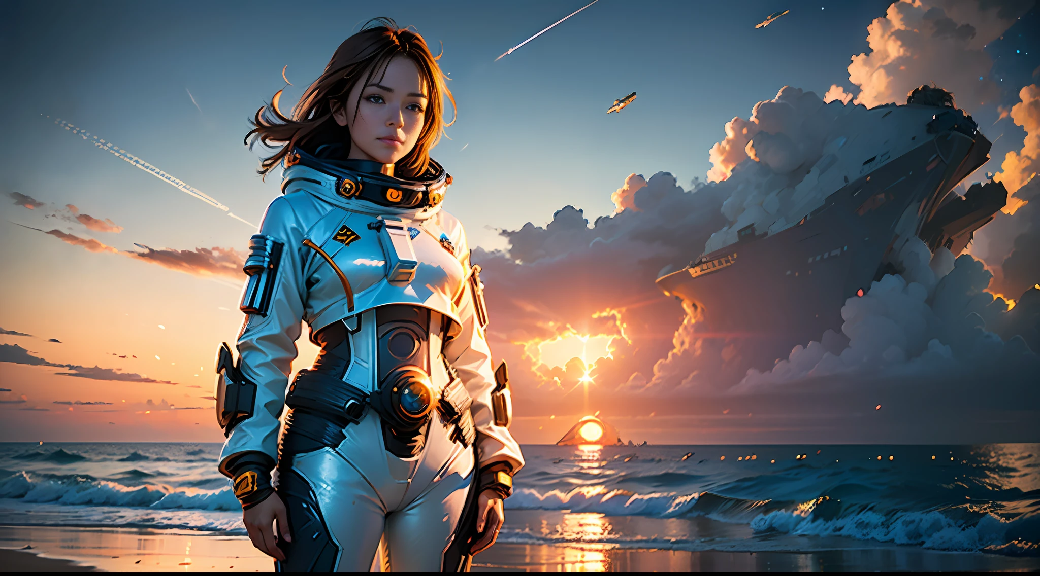 ((woman standing on the beach)), detailed anime face, mid shot, (chrome golden and blue sci-fi space suit), brown hair, (white clouds), sunset, stars, ships far away in ocean