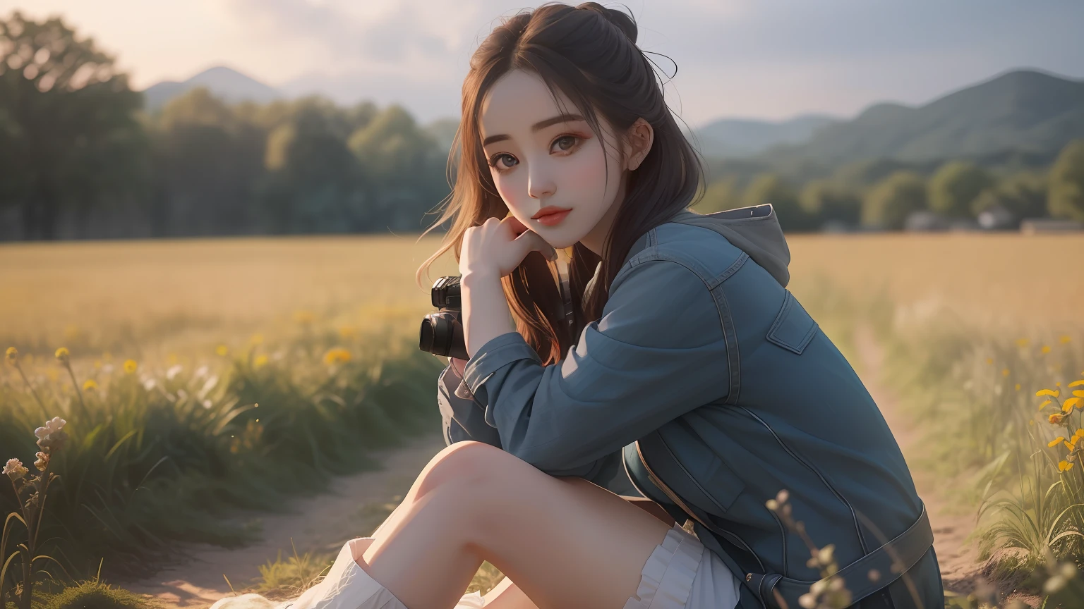 arafed woman sitting in a field holding a camera, a picture by Ni Tian, tumblr, digital art, beautiful girl model, dilraba dilmurat, beautiful model girl, young and cute girl, a cute young woman, very pretty model, shooting pose, instagram model, lovingly looking at camera, photo of slim girl model, ruan cute vtuber