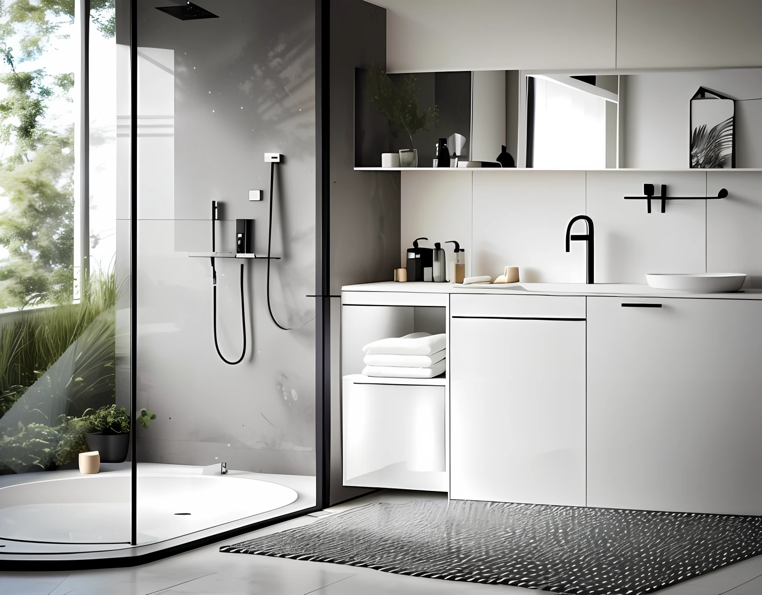 The bathroom includes a washing machine,Black border diamond shaped glass shower cabin,Nordic style,modern minimalist f 2 0 clean, glossy white,natural lights,SleekDesign, modern minimalist f 2 0, clean and neat, Perfect design, excellent 3d render, modernsimplicity,Hyper-realistic,Hyper Real,finely detailled,OC renderer