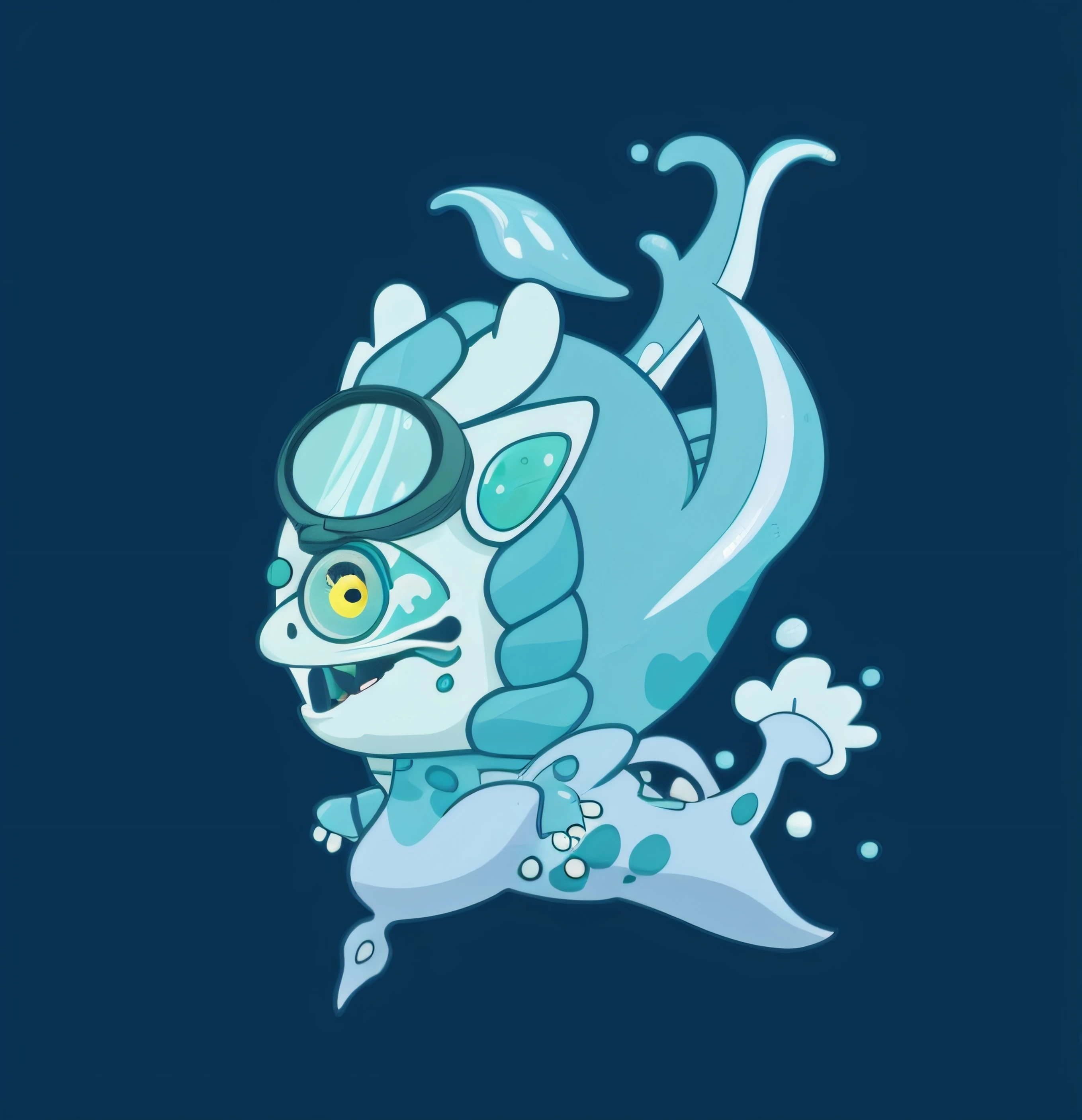 A flutter, water demon, With a spear, Wear diving goggles, cute monster character design, Happy laughter, water elemental, aquatic creature, monster character design, luminous water elemental, Asian Woman Water Elemental, mascot illustrations, ursula the sea witch, water fairy, serpentine water monster, murloc tinyfin, iridescence water elemental, ghostshrimp,superdetailed