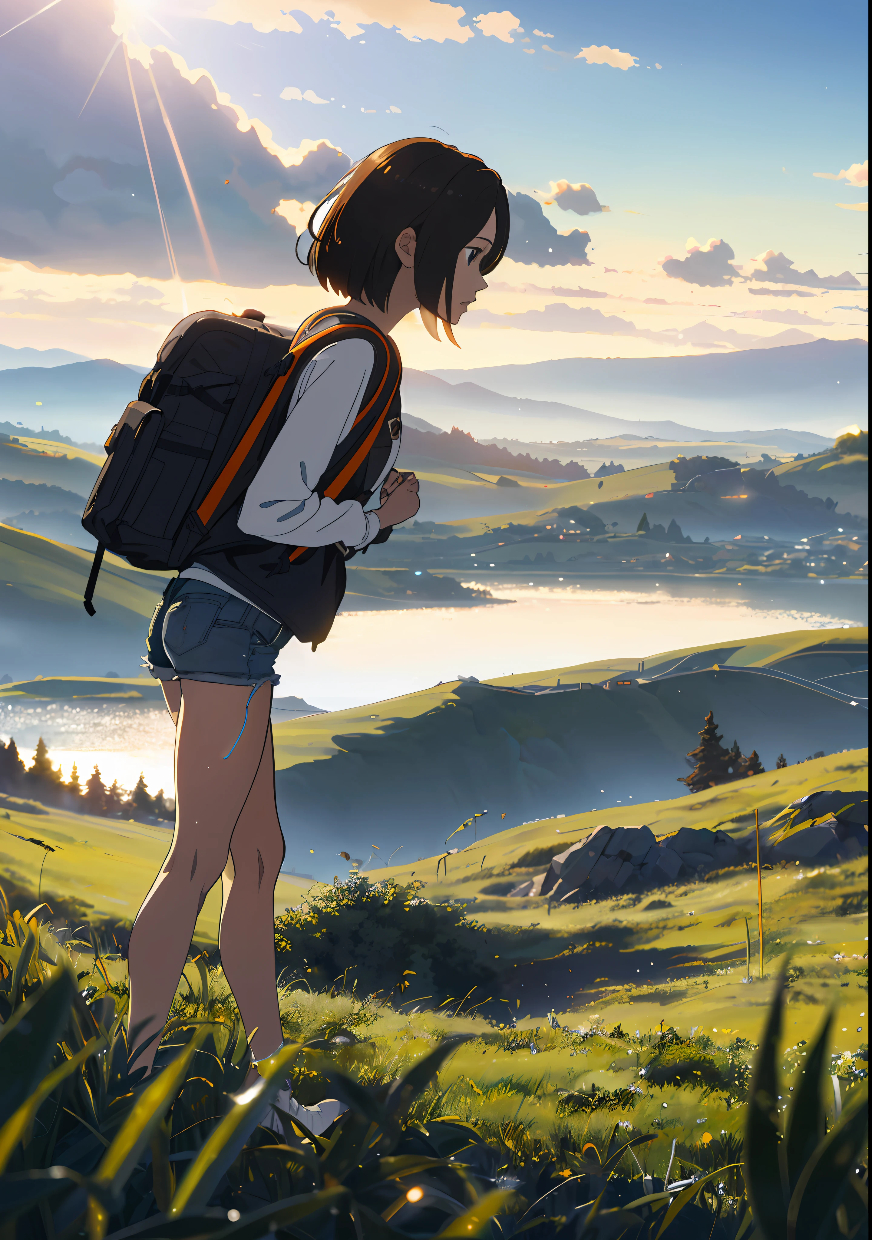(beautiful and magnificent skyline, majestic sky), (extremely tense and dramatic pictures, moving visual effects), (high hanging Polaris, colorful natural light), (1girl), (long-sleeved top, denim shorts, carrying a backpack), (dynamic pose:1.3, black eyes, black hime-cut hair, sparkling girl)[:0.8], (large grassland), (oncoming breeze), (brown hair and background Coordination effect: 1.2), (close shot, long shot mix and match)[::0.9]