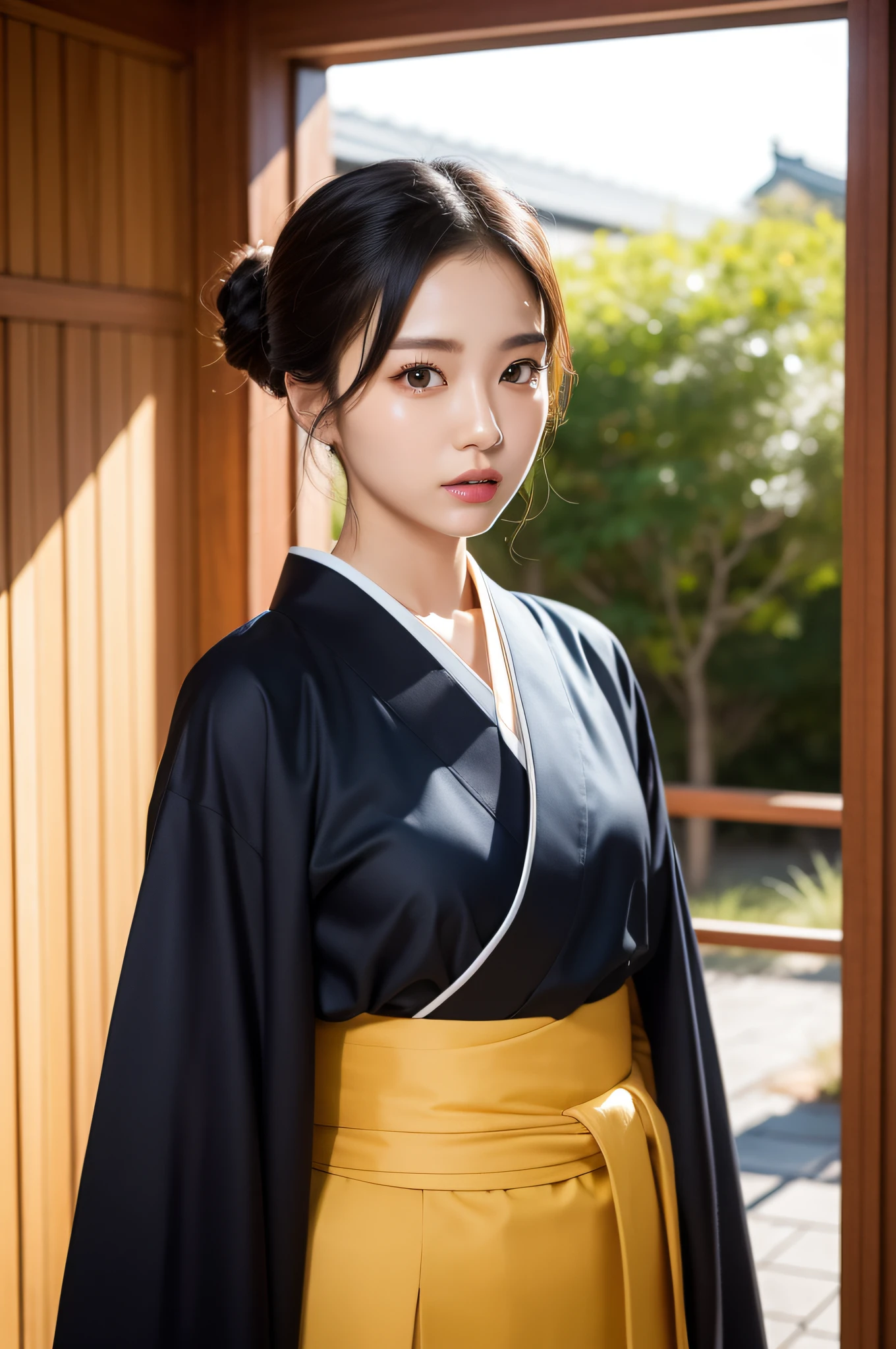 ((Best Quality, 8K, Masterpiece: 1.3)), Sharp Focus: 1.2, (Super Beautiful Face: 1.0), (Slender Abs Beauty: 1.0), (Shiny Skin: 1.0), Realistic Photography, Black Hair, Realistic Pupils, Video Lighting, High Definition Eyes and Face, Video Lighting, (Cowboy Shot: 1.3), (Kimono, Hakama, Obi: 1.4), (Korean Cute Actress), Traditional Kimono, Front Off, Big