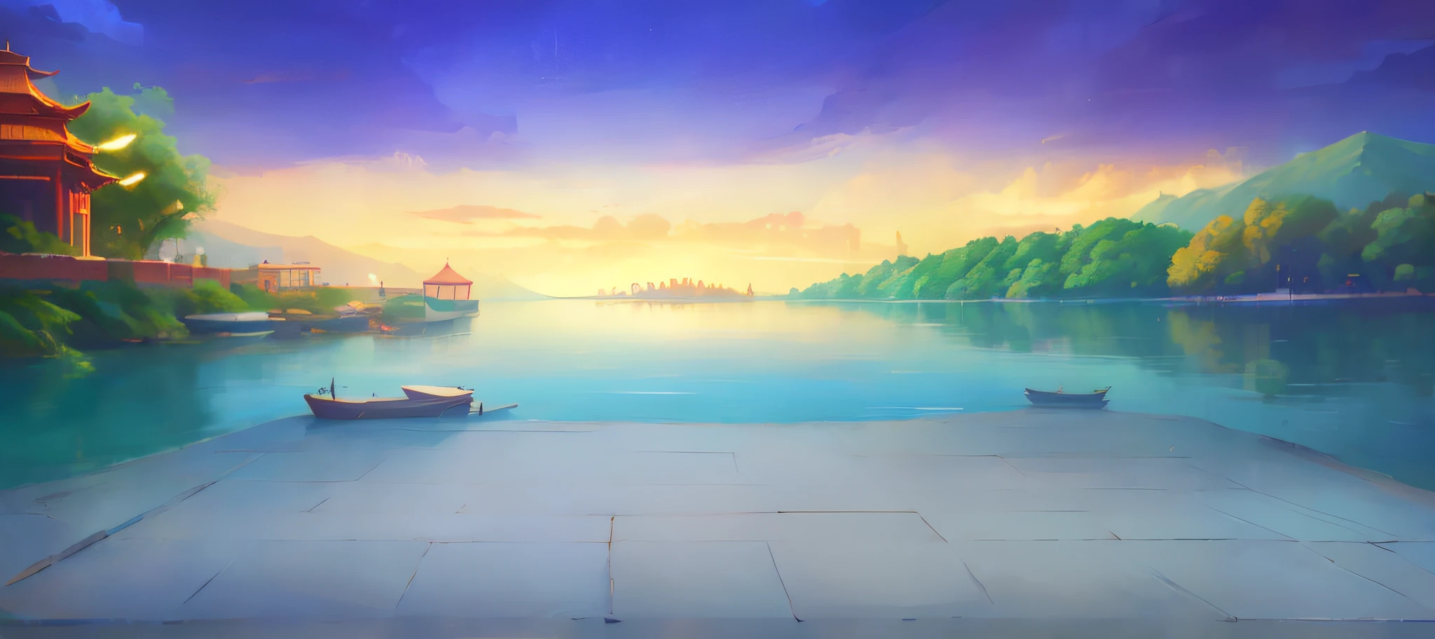 cartoon illustration of a beautiful landscape with a lake and a pagoda, Lake background, beautiful lake background, Detailed scenery —width 672, port scene background, seaside backgroud, arte de fundo, island background, background artwork, scenery background, detailed lake in background, Landscape background, temple background, calm afternoon, golden hour background, calm evening, Beautiful Landscape Background