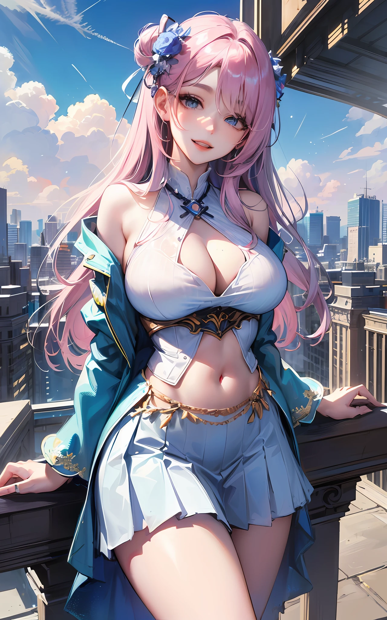 official art, masterpiece, sharp focus, (beautiful gorgeous cute Korean woman:1.3), (beautiful cute korean:1.3), korean beauty, Delicate and beautiful hair and eyes and face, realistic, ultra detailed, beautiful girl, blue sky, glow white particle, (sidelighting:1.2), sun light, white cloud, detailed clouds, slender, Lovely very large breasts and very large hips, smile with teeth, ((smile with eyes, open both eyes)), scenery, long straight hair, sexy facial expression, building, (cityscape:1.7), dynamic hair, long straight hair, detailed platinum pink hair, glow blue eyes, (blue pleated shirts + white skirt), white long socks, pale skin, hair ornament, epic scenery,