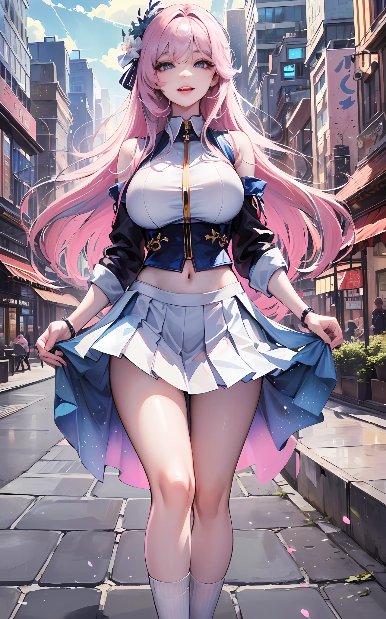 official art, masterpiece, sharp focus, (beautiful gorgeous cute Korean woman:1.3), (beautiful cute korean:1.3), korean beauty, Delicate and beautiful hair and eyes and face, realistic, ultra detailed, beautiful girl, blue sky, glow white particle, (sidelighting:1.2), sun light, white cloud, detailed clouds, slender, Lovely very large breasts and very large hips, smile with teeth, ((smile with eyes, open both eyes)), scenery, long straight hair, sexy facial expression, building, (cityscape:1.7), dynamic hair, long straight hair, detailed platinum pink hair, glow blue eyes, (blue pleated shirts + white skirt), white long socks, pale skin, hair ornament, epic scenery,