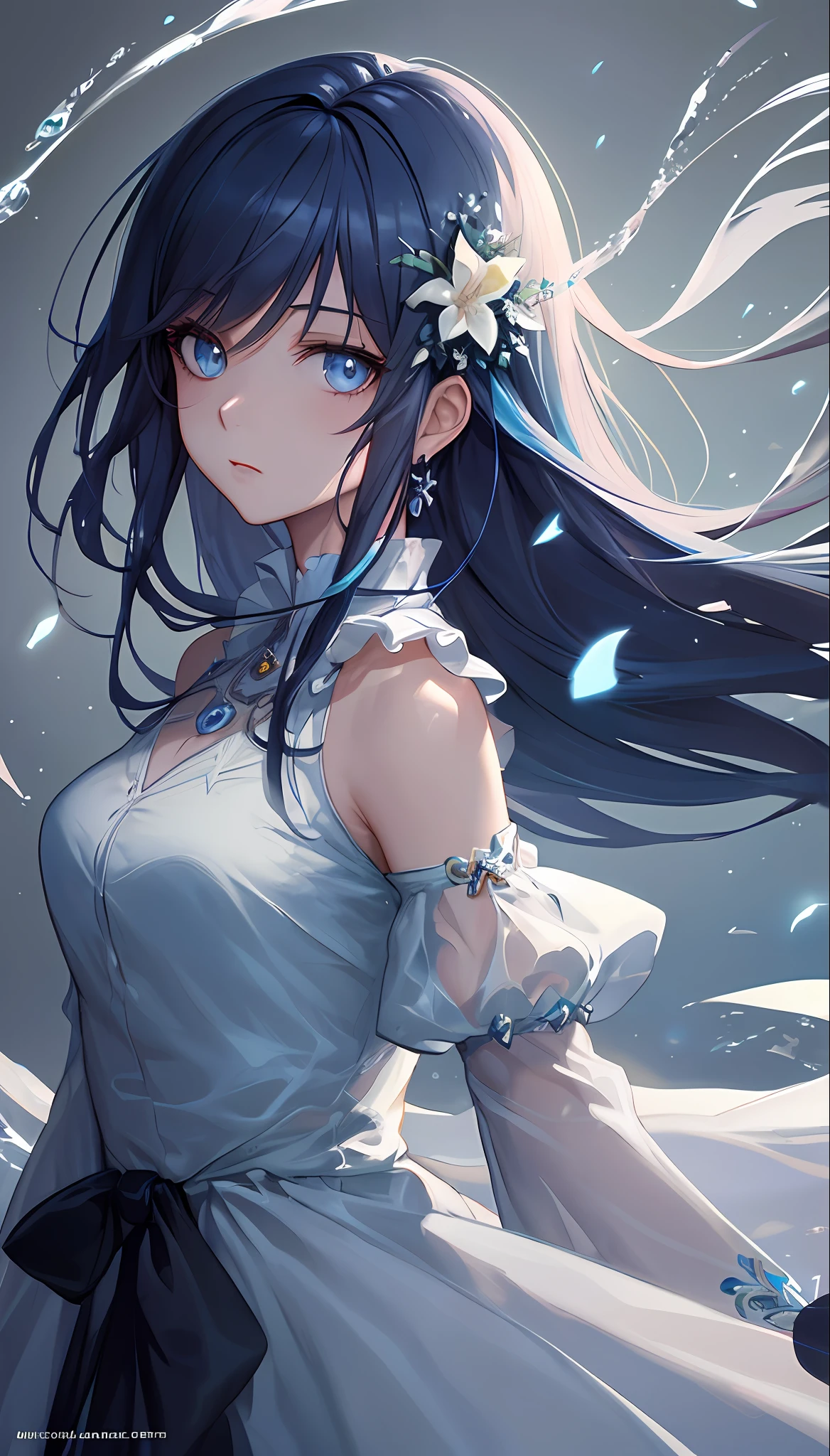 (masterpiece), (best quality), (ultra detailed),(disheveled hair),(illustration), (1girl), (Fashionable clothing), standing, Fashion model, looking at viewer, (interview), (simple background),beautiful detailed eyes, delicate beautiful face, Floating,(high saturation),(colorful splashes),colorful bubble,(shining), focus on face,  kamisato ayaka, light blue hair, bangs, hair ring, floating flowers, floating hairs.Girl, anime waifu, looking at viewer, highlydetailed, reflections transparent iridescent colors, long transparent iridescent RGB hair, artby Serafleur from artstation, thick acrylic，illustration on pixiv, waist up portrait, gorgeoussacred girl, best quality, ultra detailed,sad,clever,beautiful face , beautiful lighton black background, Character stvle renderedby Octane,