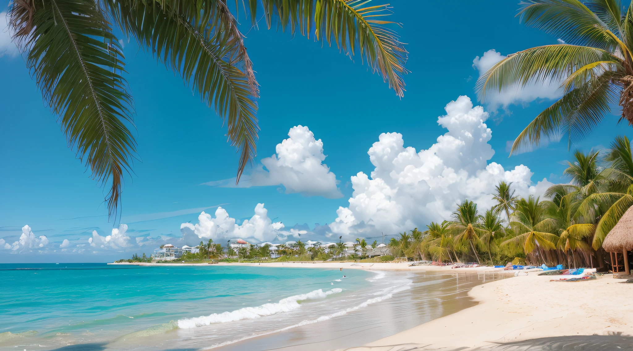 Beach with a beautiful coastline. Palm trees and the Caribbean sea. Color of water is turquoise, white sand, and green palm trees. Little foaming waves.