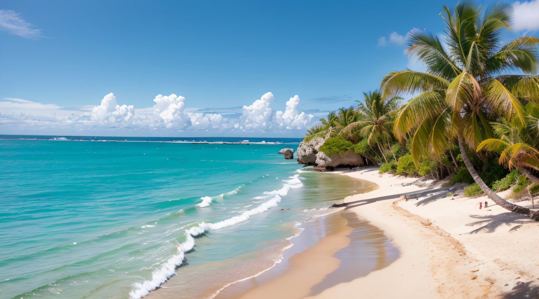 Beach with a beautiful coastline. Palm trees and the Caribbean sea. Color of water is turquoise, white sand, and green palm trees. Little foaming waves.