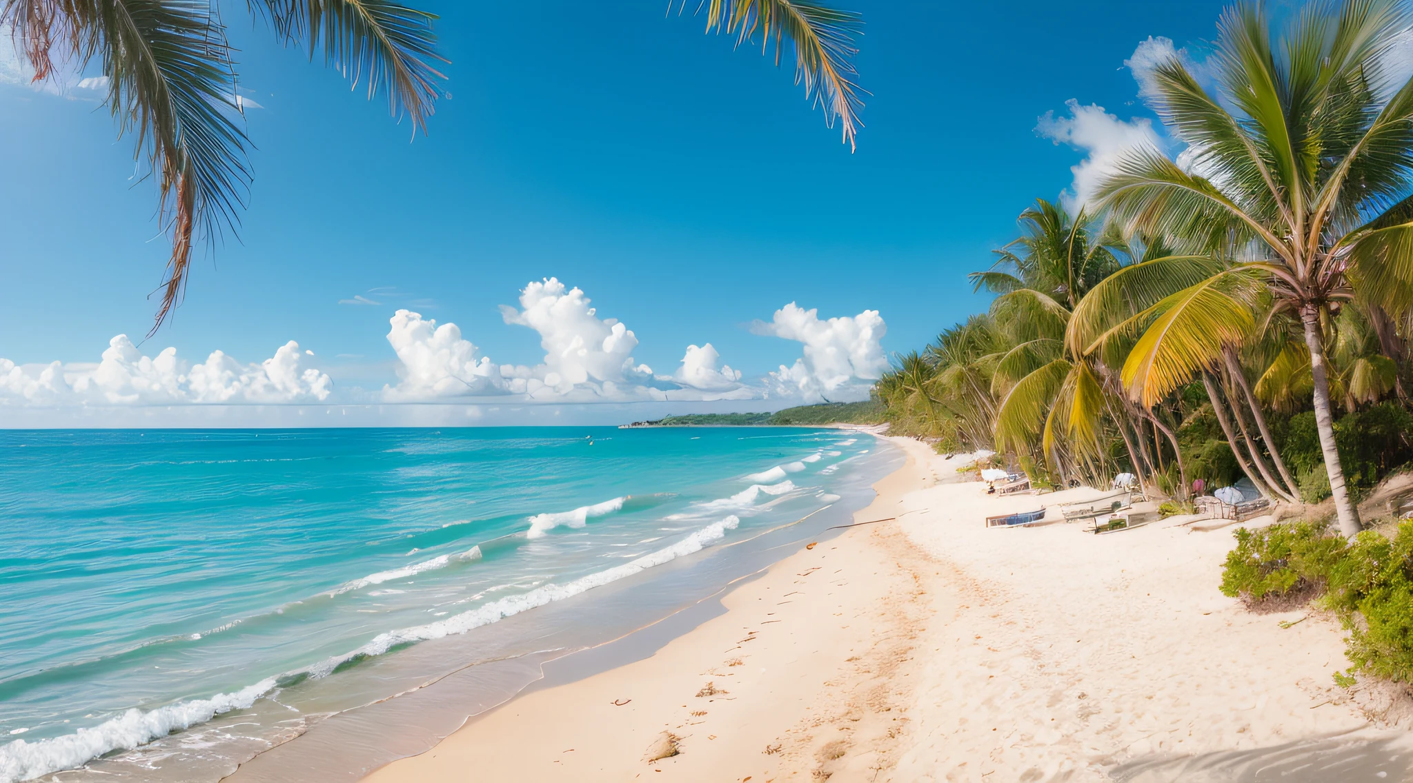 Beach with a beautiful coastline. Palm trees and the Caribbean sea. Color of water is turquoise, white sand, and green palm trees. Little foaming waves.