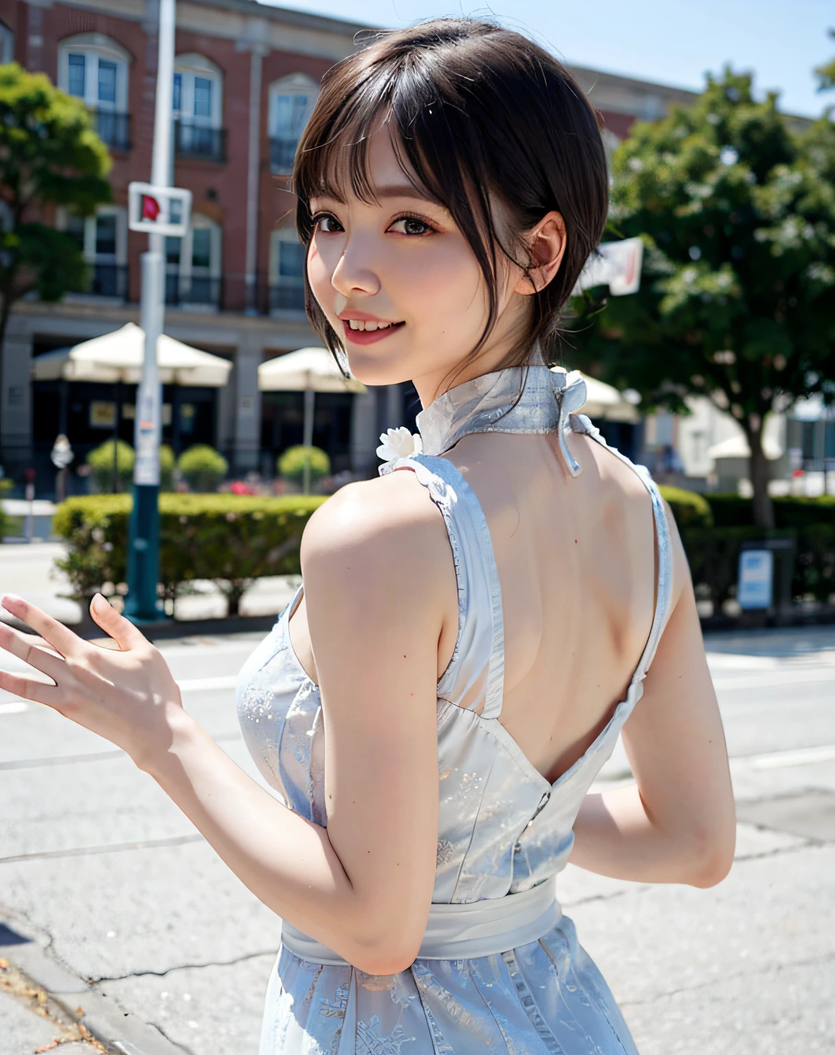 Woman posing on street corner in sheer lace dress、beste-Quality、Girl 1ten mens、a large breast、tag、Brighter、Blur background、bokeh dof、plein-air、(street:0.8)、(ten mens々、crowd:1)、(lace-trimmed)doress:1.5、sleeveless dress、((Whole human body:1.3))、Light gray color clothes、Light grey color high neck dress:1.2、Light grey color dress:1.5)、a gorgeous(short-hair、forehead:1.2)、Sareme、Beautiful sky with details、耳环、 (Upper body body:0.8)、Soft lighting、the wind、glowy skin、a smile、White sandals、I put one hand behind my back、