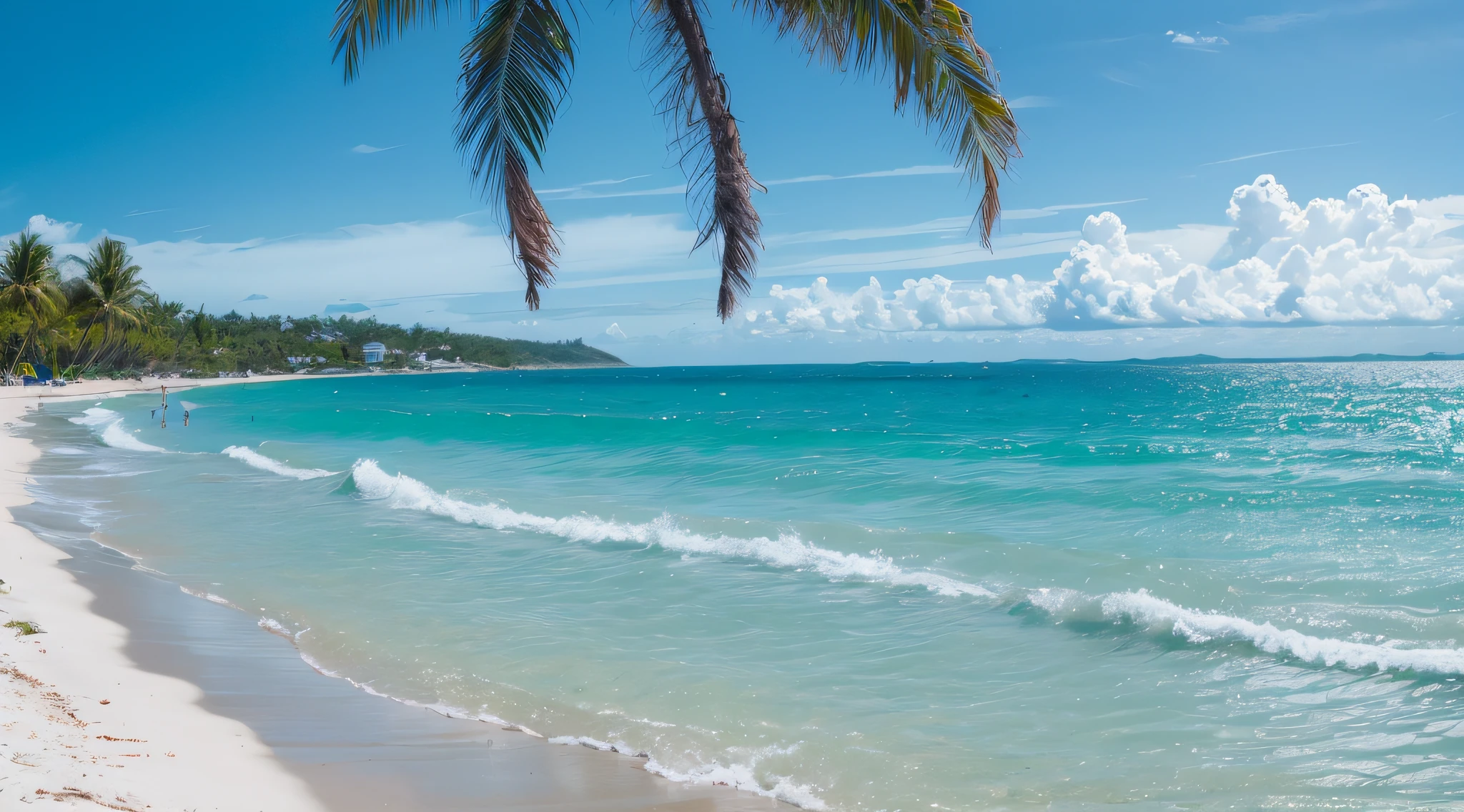 Beach with beautiful coastline. Palm trees and caribbean sea. Color water is turquoise, white sand and green palm trees. Little foaming waves.