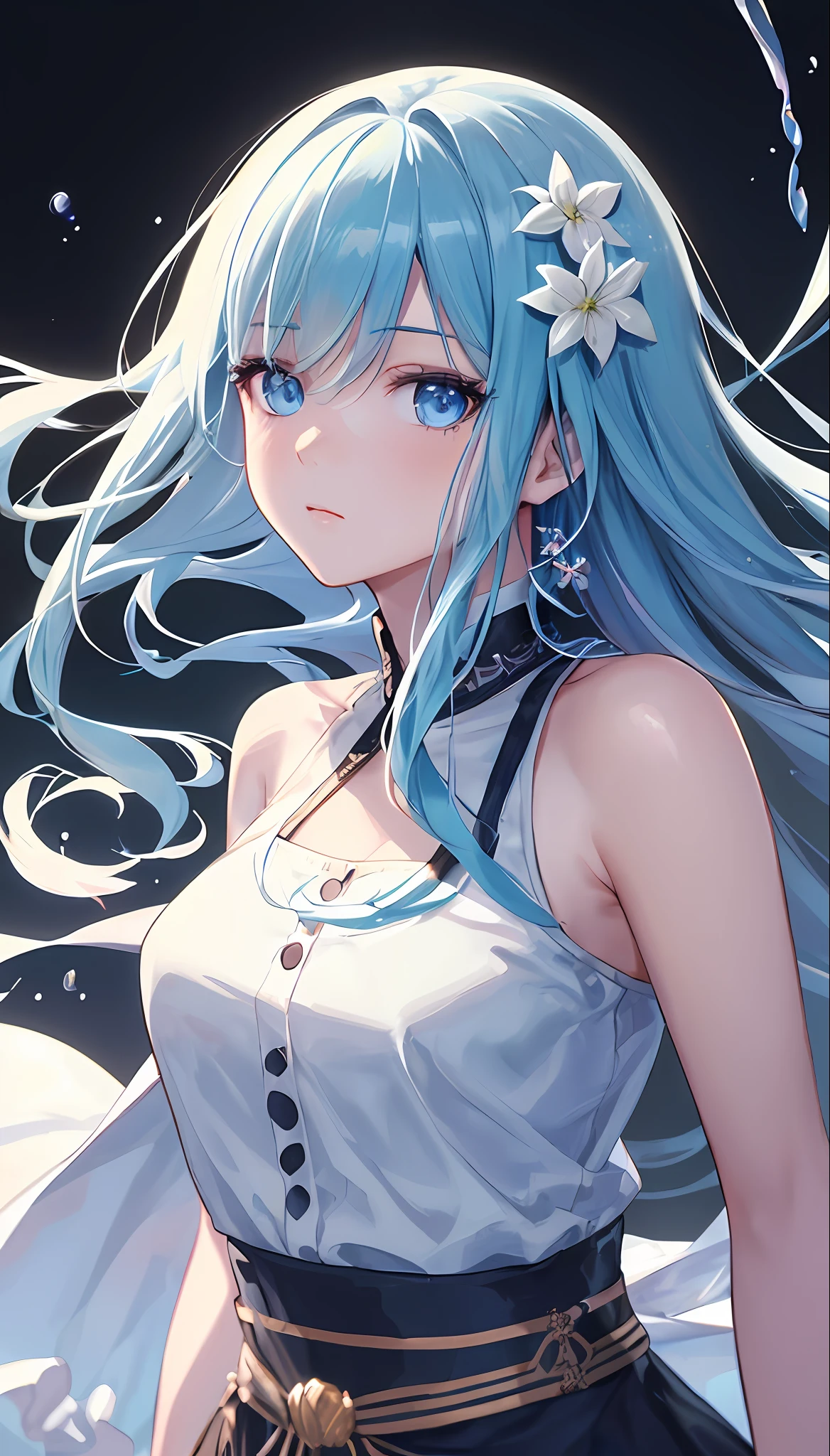 (masterpiece), (best quality), (ultra detailed),(disheveled hair),(illustration), (1girl), (Fashionable clothing), standing, Fashion model, looking at viewer, (interview), (simple background),beautiful detailed eyes, delicate beautiful face, Floating,(high saturation),(colorful splashes),colorful bubble,(shining), focus on face,  kamisato ayaka, light blue hair, bangs, hair ring, floating flowers, floating hairs.Girl, anime waifu, looking at viewer, highlydetailed, reflections transparent iridescent colors, long transparent iridescent RGB hair, artby Serafleur from artstation, thick acrylic，illustration on pixiv, waist up portrait, gorgeoussacred girl, best quality, ultra detailed,sad,clever,beautiful face , beautiful lighton black background, Character stvle renderedby Octane,