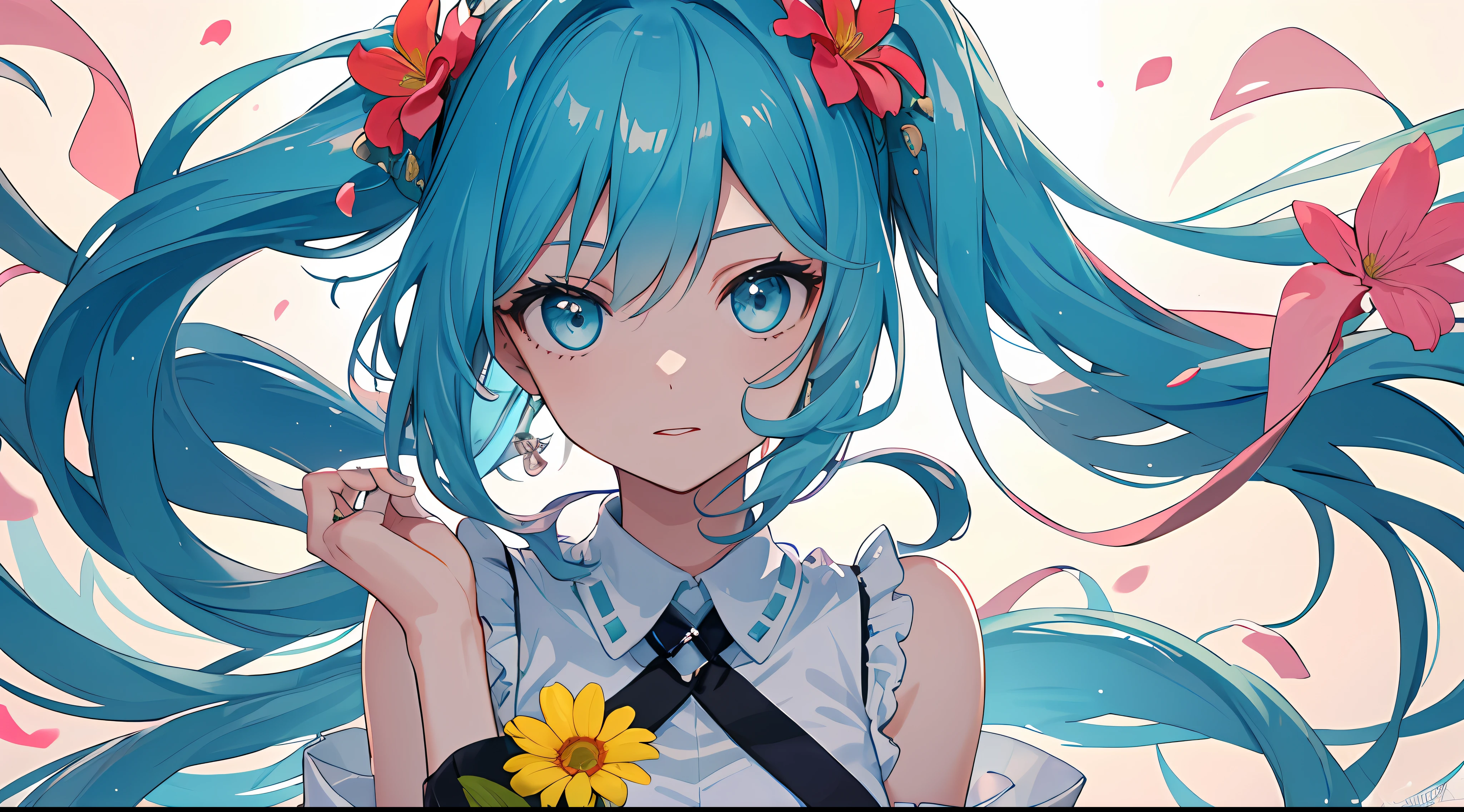 (A masterpice)、(the best quality)、(Ultra-detailded)、(tousled hair)、(illutst)、(a 1 girl)、(Fashionable clothes)、HATSUNEMIKU,The  is standing、fashion model、see the beholder、(interview)、(simple background)、Fine and beautiful eyes、Delicate beautiful face、floating、(a high chroma)、(colorful splashing)、colorful bubble、(brilliance)、focus on face、ponie tail、Kamisato colorful flowers、light blue  hair、bangss、hair rings、Floating flowers、Floating hairs、（SHINES）、best illuminate、Best Shadows、