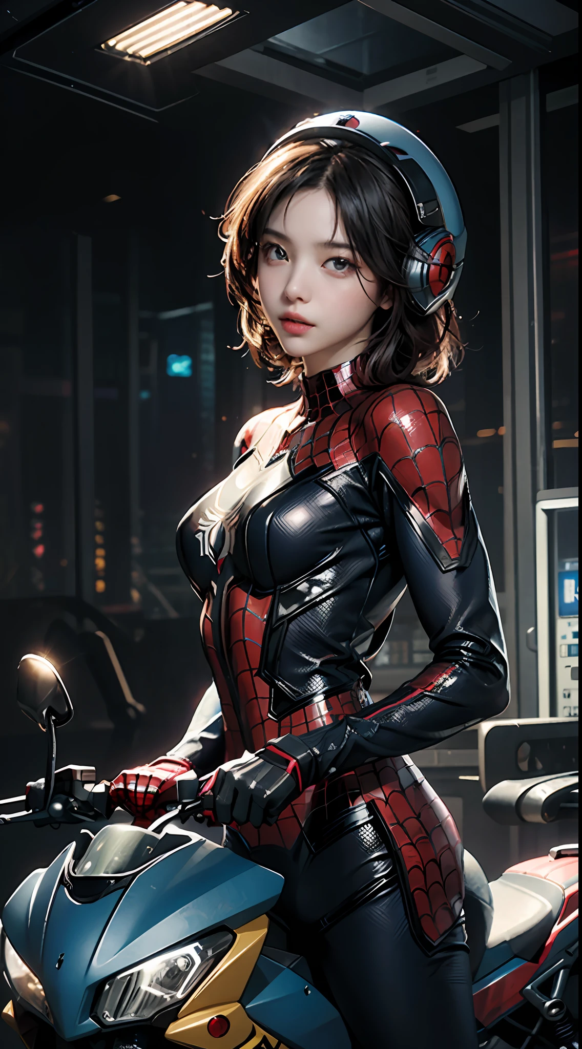 The highest image quality、Exceptional detail、ultra-high-resolution、(真实感:1.4)、the best illustration、Favor the details、Highly condensed 1girl、delicate and beautiful face、Dressed in blue and yellow mechs、Wearing a mecha helmet、Has a direction controller、Riding a motorcycle、The background is the high-tech lighting scene of Tokyo。Cute Beautiful Girl、Wearing a Spider-Man suit。