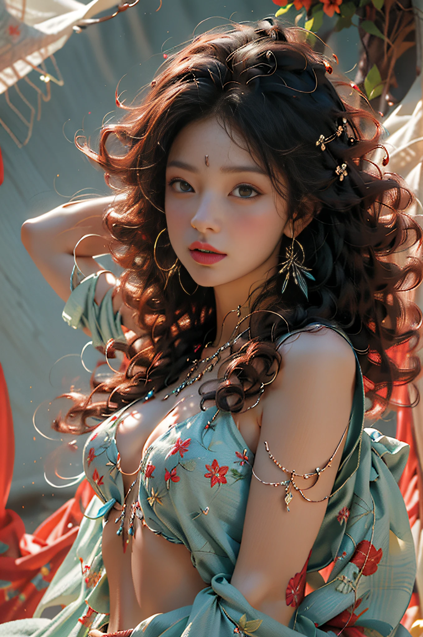 Zhong Fenghua, 1girl huge large breasts, 独奏, Hanfu, Ancient, flowers fields, blossoms, (White smoke:1.3) (pphotorealistic:1.4),A coquettish expression,Bow your head shyly,Fawn rammed,Detailed expressions,The tension of love coming,disheveled hair,nmasterpiece,Absurde,Shy, Zen entanglement, a Mandala, tangled, offcial art, Unity 8k wallpaper, Ultra-detailded, Beautiful and beautiful, nmasterpiece,optimal quality, (dynamic angle:1.4), Glowing skin, (Floating colorful flashes:1)The most beautiful forms of chaos,elegantly,Fauvistdesign,vividcolor,Romantic depth of field