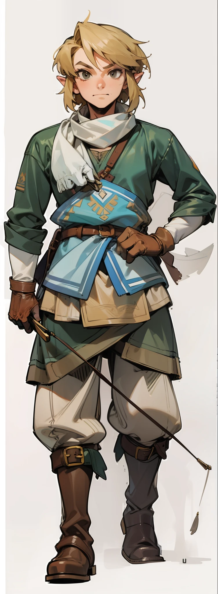 (Link:1)(Warrior:1), (adult man:1.33), standing, full body, leather boots, beige pants, gloves , (narrow eyebrows:0.33), (confident:1.4), (smiling:0.4), (clenching fists:0.33), scarf, holding riding crop