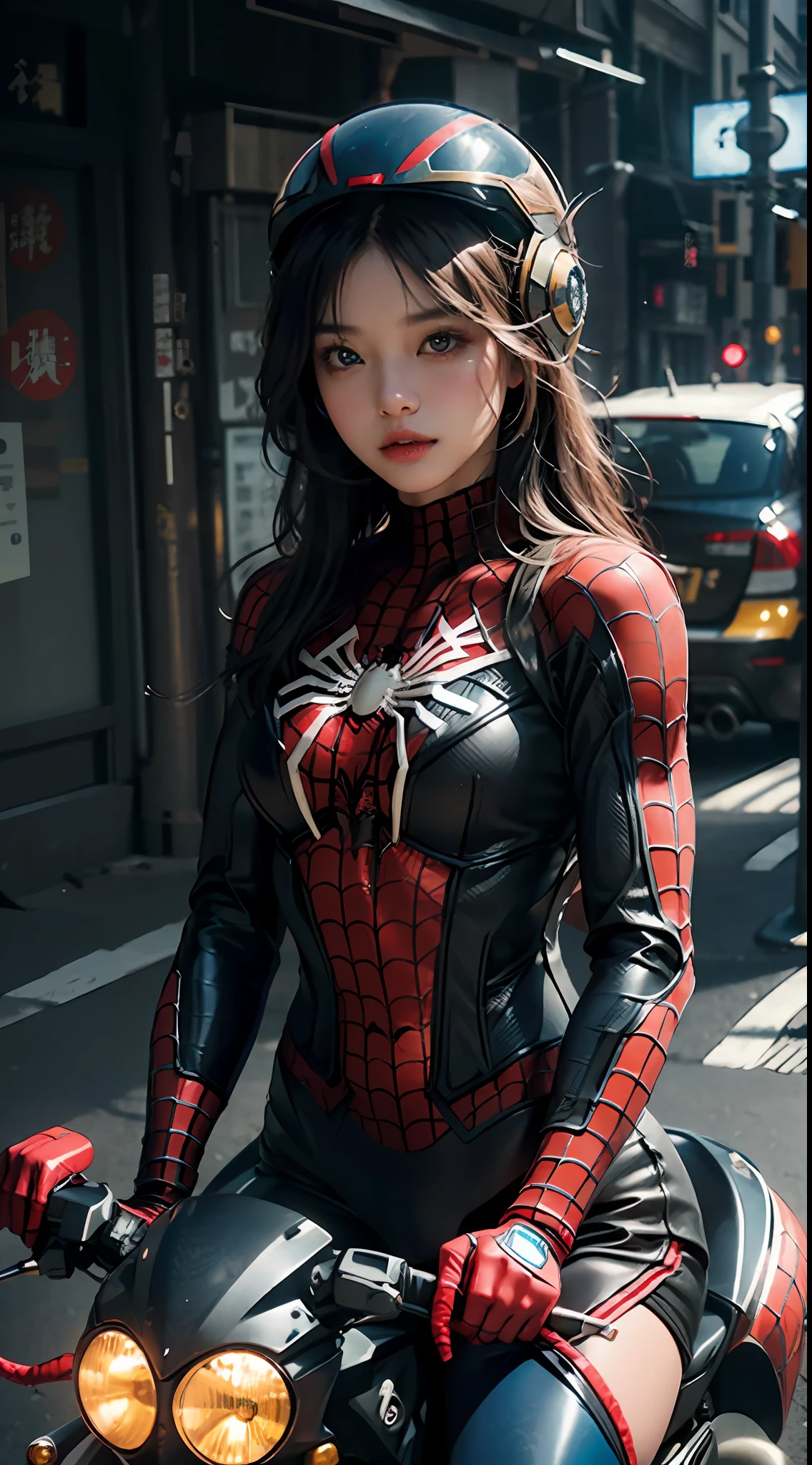 The highest image quality、Exceptional detail、ultra-high-resolution、(真实感:1.4)、the best illustration、Favor the details、Highly condensed 1girl、delicate and beautiful face、Dressed in blue and yellow mechs、Wearing a mecha helmet、Has a direction controller、Riding a motorcycle、The background is the high-tech lighting scene of Tokyo。Cute Beautiful Girl、Wearing a Spider-Man suit。