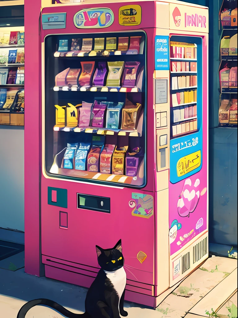 masterpiece, best quality, 1girl, vending machine, cat, wide shot, solo, squatting, short sleeves, skirt, building, shop, shoes, pink theme, shirt, long hair, shadow, purple theme, convenience store, can