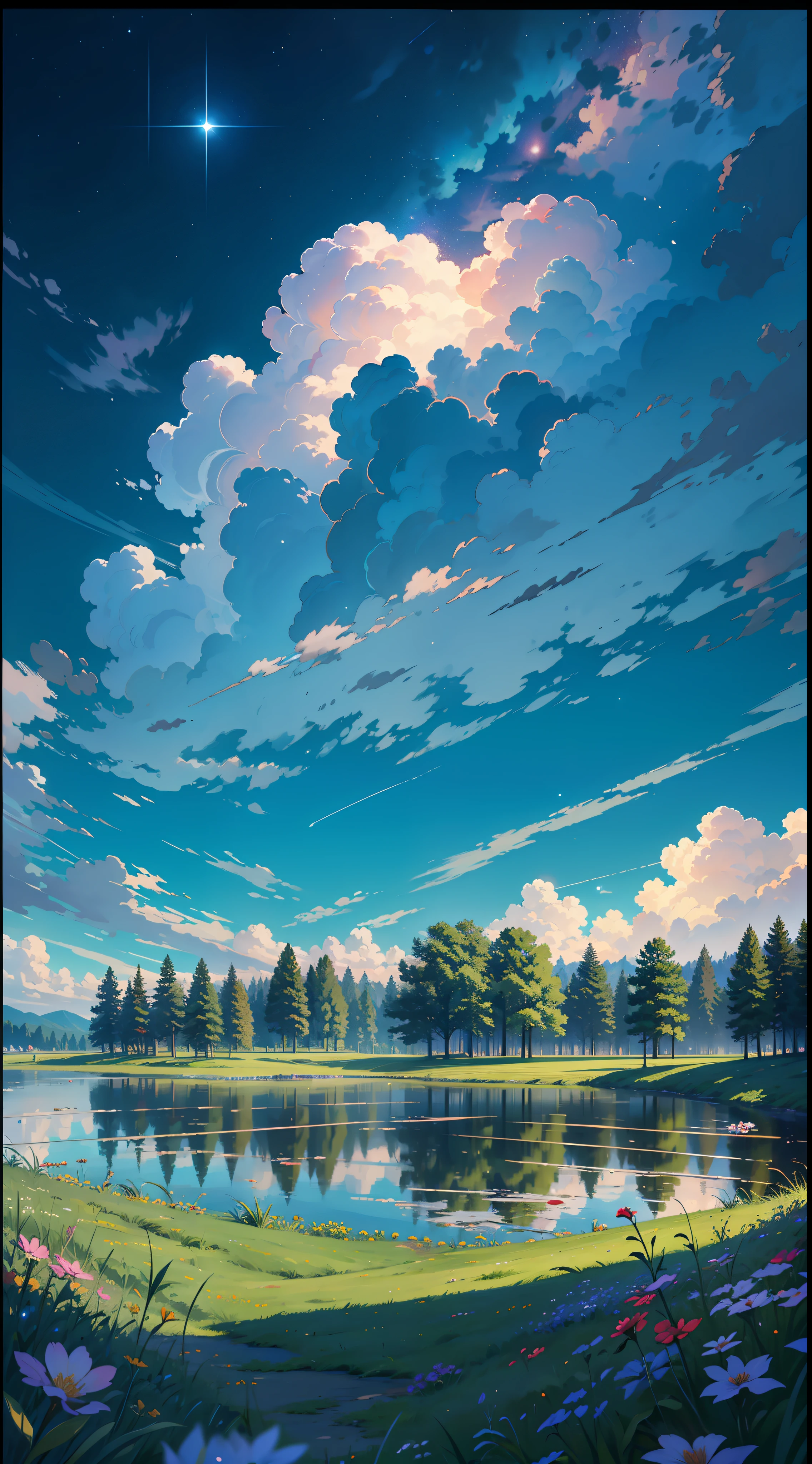 Best quality,16K Ultra Clear,夜晚,starry light,Splendid clouds,grass field,glowworm,the trees,Grass,Small flowers,Stones,lakes,ultra fine,Perfectcomposition,extreme hight detail,The proportion of sky is greater than that of the ground,Focus on rendering the sky