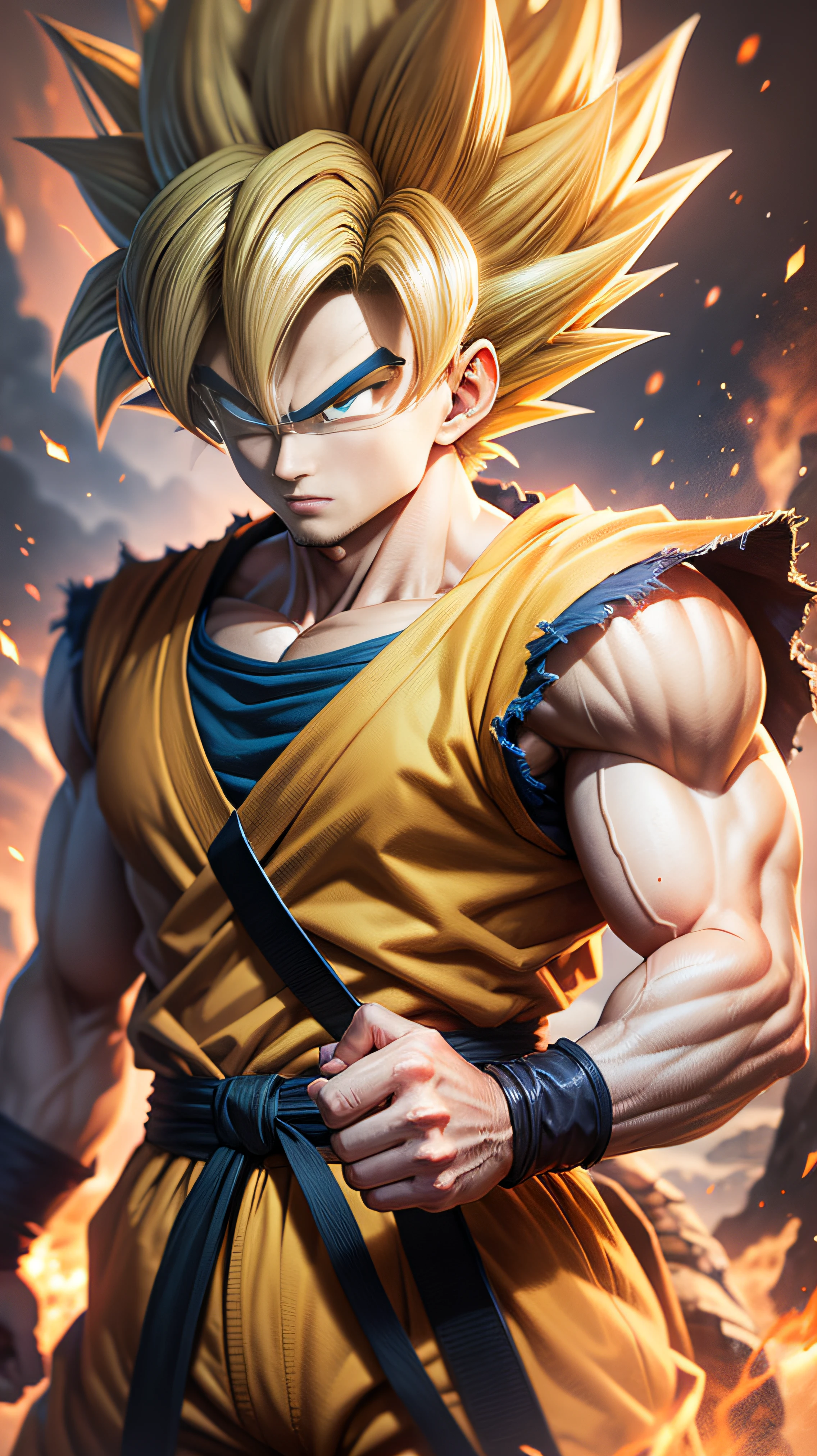 Goku , imagem em 2.5d , imagem realista , anime wallpaper, corpo todo , ( sombrancelha sem deformidades ) , Standard scenario , melhor foco , perfect lighting , melhor qualidade