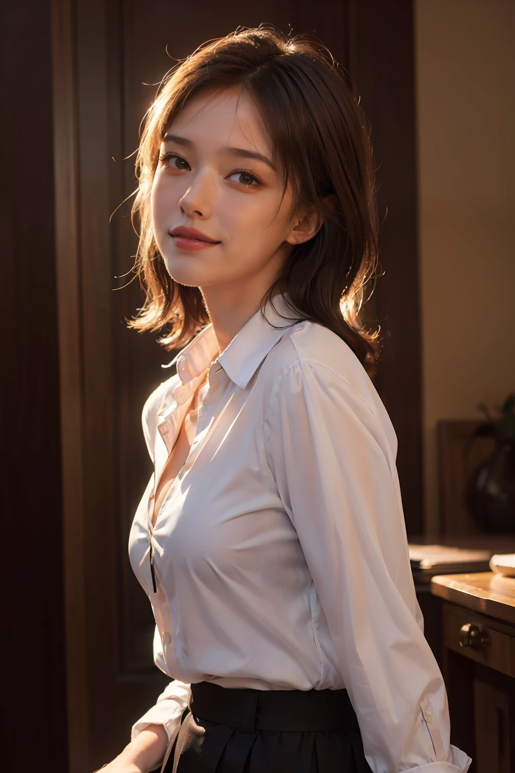 best quality, masterpiece, (photorealistic:1.4), 1girl, light smile, shirt with collars, big breast, cleavage, waist up, dramatic lighting, from below, slight nipple visible through shirt