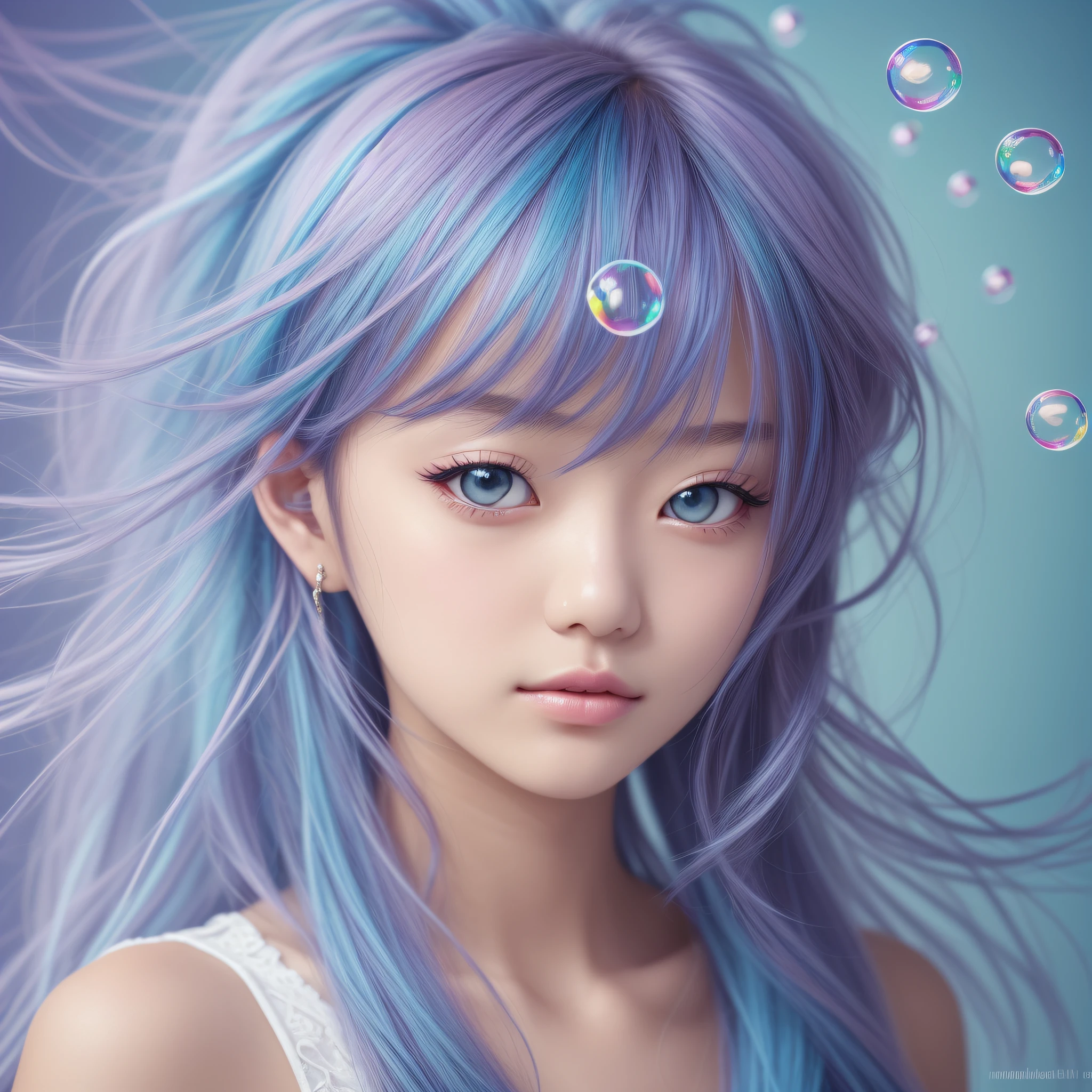 (masterpiece), (best quality), (ultra detailed),(disheveled hair),(illustration), (1girl), (Fashionable clothing), standing, Fashion model, looking at viewer, (interview), (simple background),beautiful detailed eyes, delicate beautiful face, Floating,(high saturation),(colorful splashes),colorful bubble,(shining), focus on face, ponytail, kamisato ayaka, light blue hair, bangs, hair ring, floating flowers, floating hairs, (shining), best lighting, best shadow,