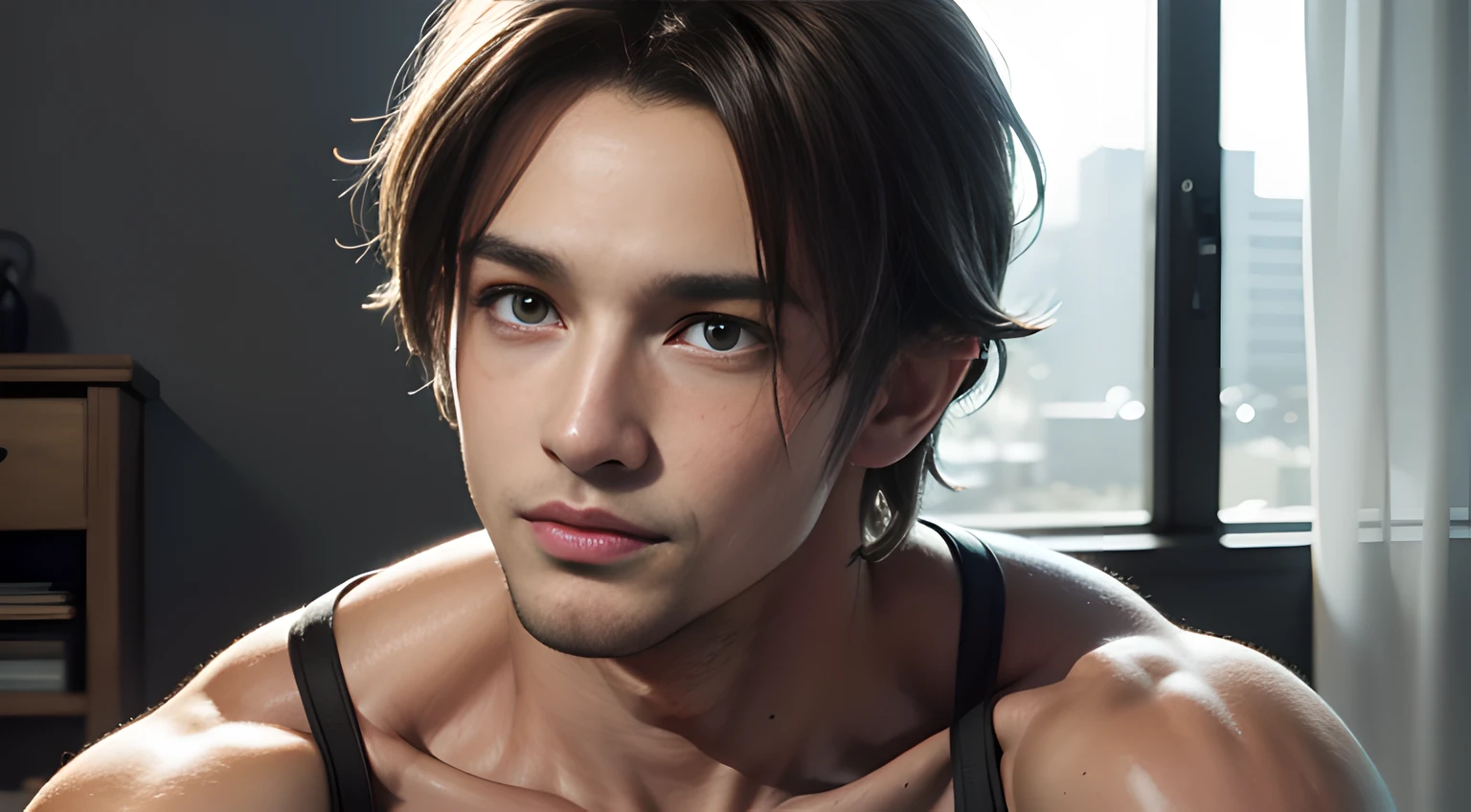 (Cowboy Shot), (one male gay handsome muscular man in their 30s wearing men's green tanktop), He resembles Leon Kennedy from Resident Evil, tall, athletic build, Straight dark blonde hair, piercing blue eyes, chiseled jawline, and a rugged yet handsome appearance, Mischievous smile, (small details: 1 in 1), Natural muscles, HIG quality, beautifuleyes, (Detailed face and eyes), (Face、: 1 / 2), Noise, real photograph、... ..........................PSD, Sharp Focus, High resolution 8K, Realstic & Professional Photography, 8K UHD, Soft lighting, High quality, Film grain, FUJI XT3