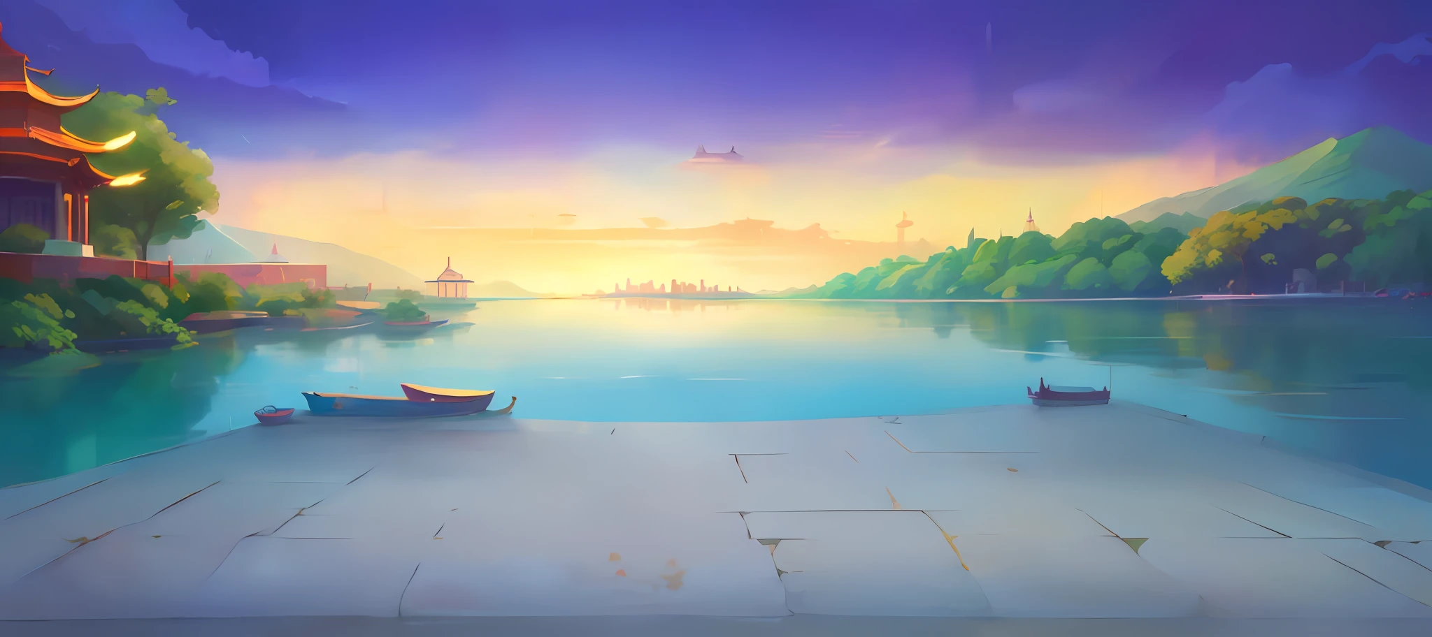 cartoon illustration of a beautiful landscape with a lake and a pagoda, Lake background, beautiful lake background, Detailed scenery —width 672, port scene background, seaside backgroud, arte de fundo, island background, background artwork, scenery background, Landscape background, detailed lake in background, temple background, calm afternoon, golden hour background, calm evening, Beautiful Landscape Background