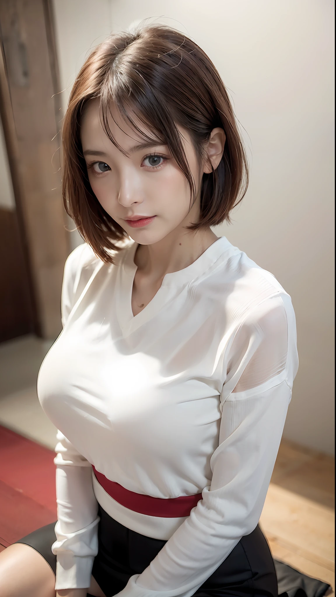 (Best quality, 8k, 32k, Masterpiece, UHD:1.2),Photo of Pretty Japanese woman, large breasts, very short bob hair,upper body,face focus,oversized_sweater, necklace, simple background, from above, looking at viewer,