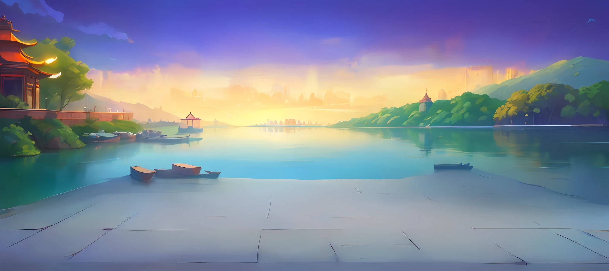 cartoon illustration of a beautiful landscape with a lake and a pagoda, Lake background, beautiful lake background, Detailed scenery —width 672, port scene background, seaside backgroud, arte de fundo, island background, background artwork, scenery background, Landscape background, detailed lake in background, temple background, calm afternoon, golden hour background, calm evening, Beautiful Landscape Background