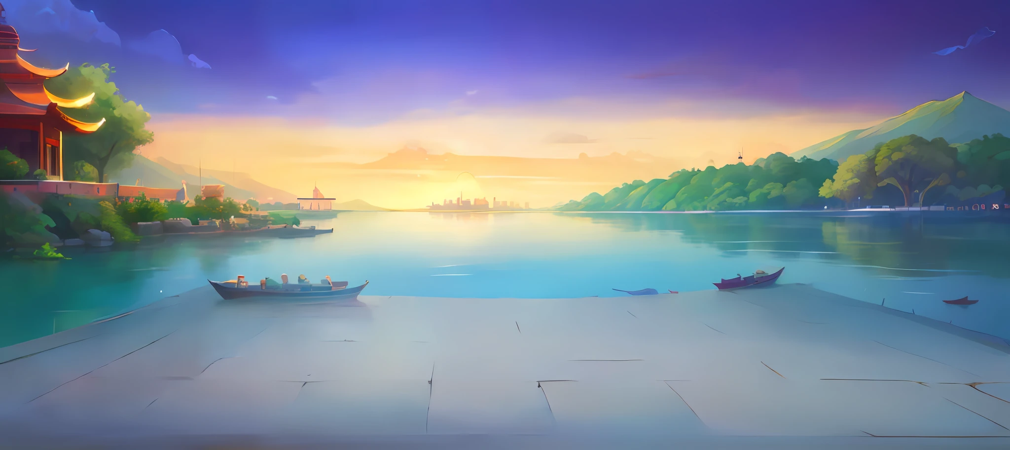 cartoon illustration of a beautiful landscape with a lake and a pagoda, Lake background, beautiful lake background, Detailed scenery —width 672, port scene background, seaside backgroud, arte de fundo, island background, background artwork, scenery background, Landscape background, detailed lake in background, temple background, calm afternoon, golden hour background, calm evening, Beautiful Landscape Background