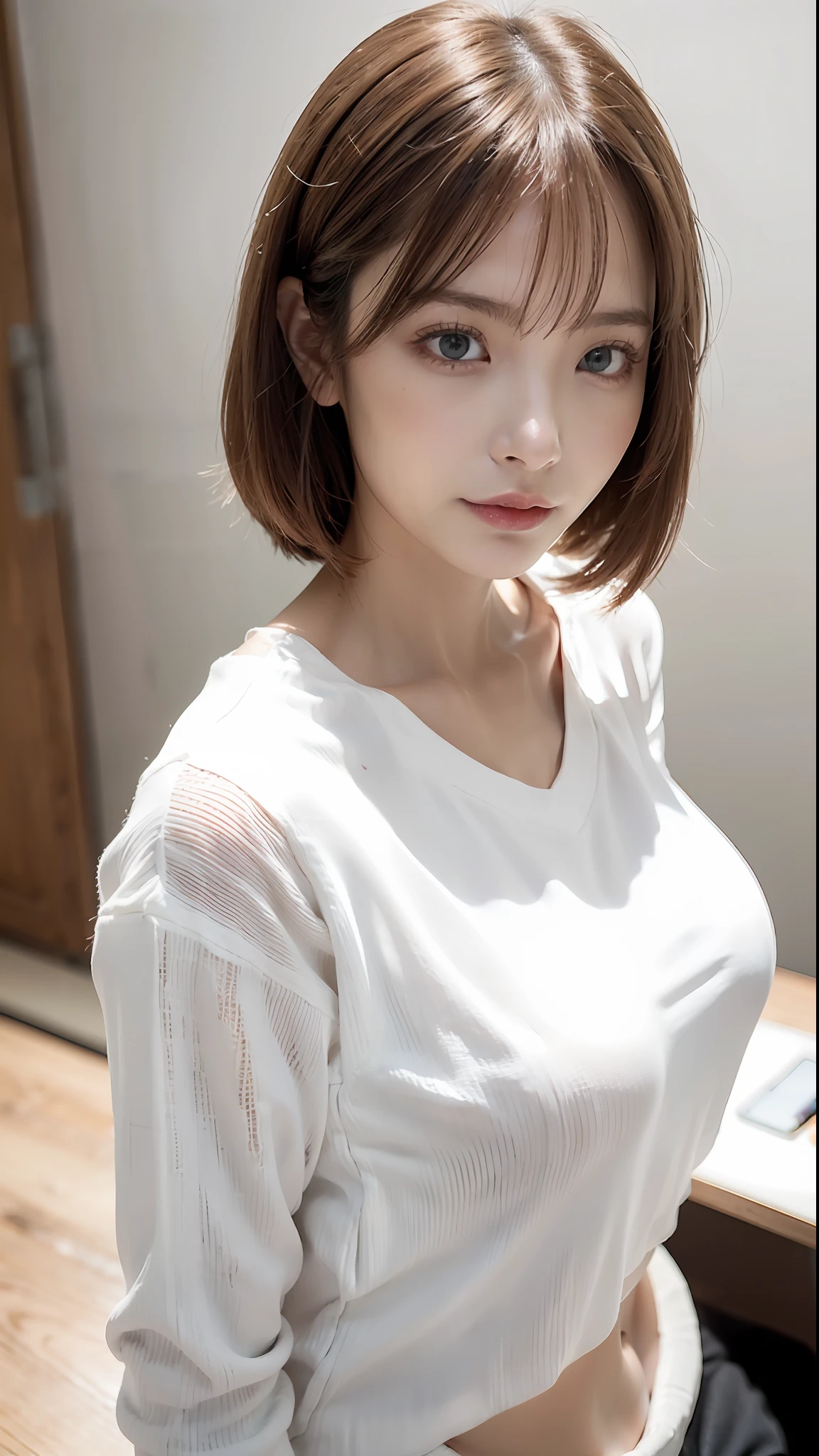 (Best quality, 8k, 32k, Masterpiece, UHD:1.2),Photo of Pretty Japanese woman, large breasts, very short bob hair,upper body,face focus,oversized_sweater, necklace, simple background, from above, looking at viewer,