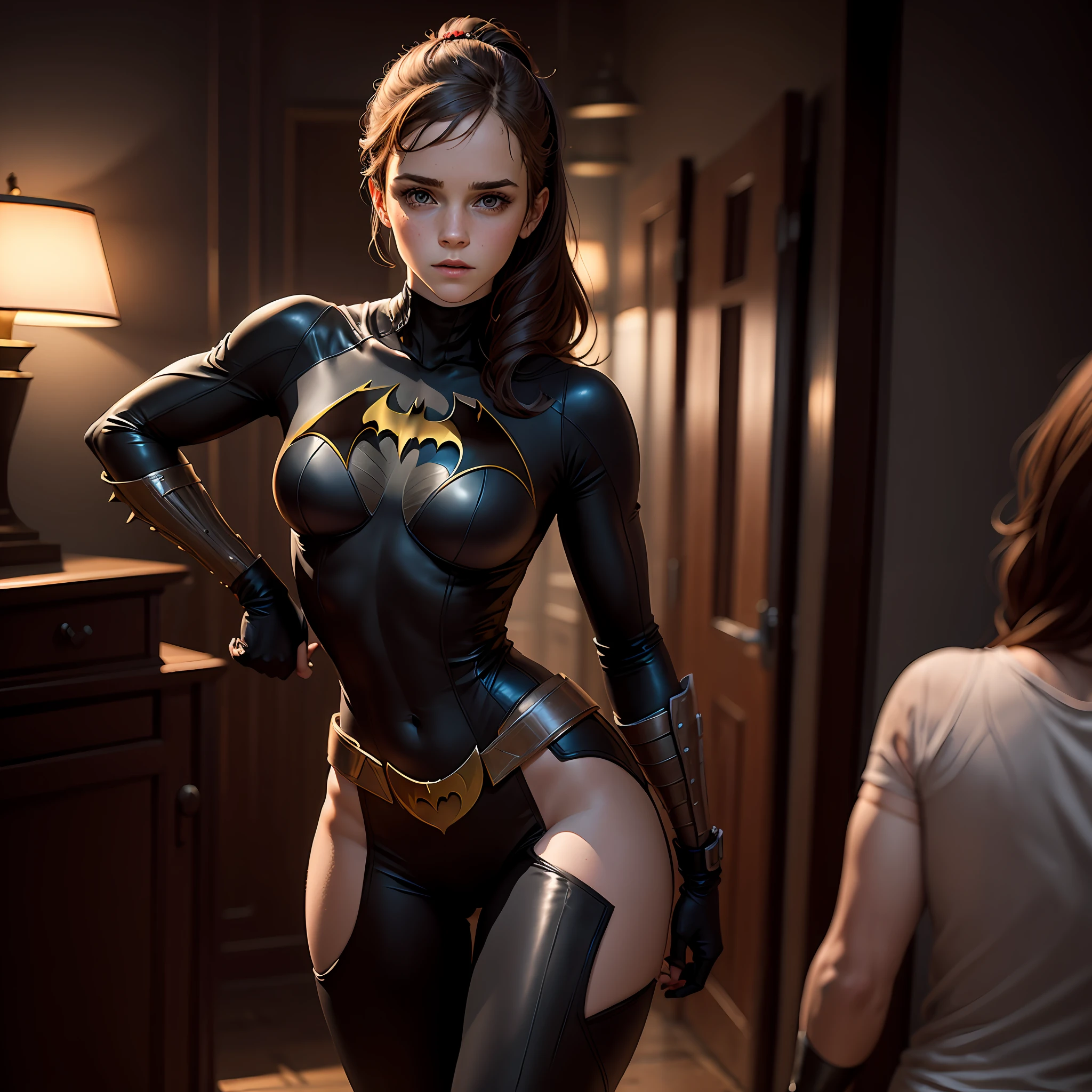 teen emma watson cosplaying as batgirl. freckles. tight intricate costume. standing. sharp focus, cinematic lighting. slender and athletic figure.