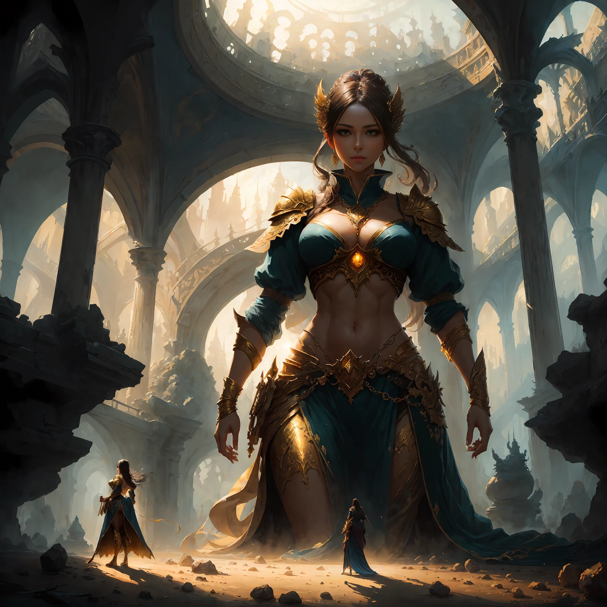 Beautiful giantess,More mature appearance and figure,masterpaintings,Top image quality,ultra detaile,Grandiose scenes,Extreme light and shadow,gold glow,Fantasy-like atmosphere。 --auto