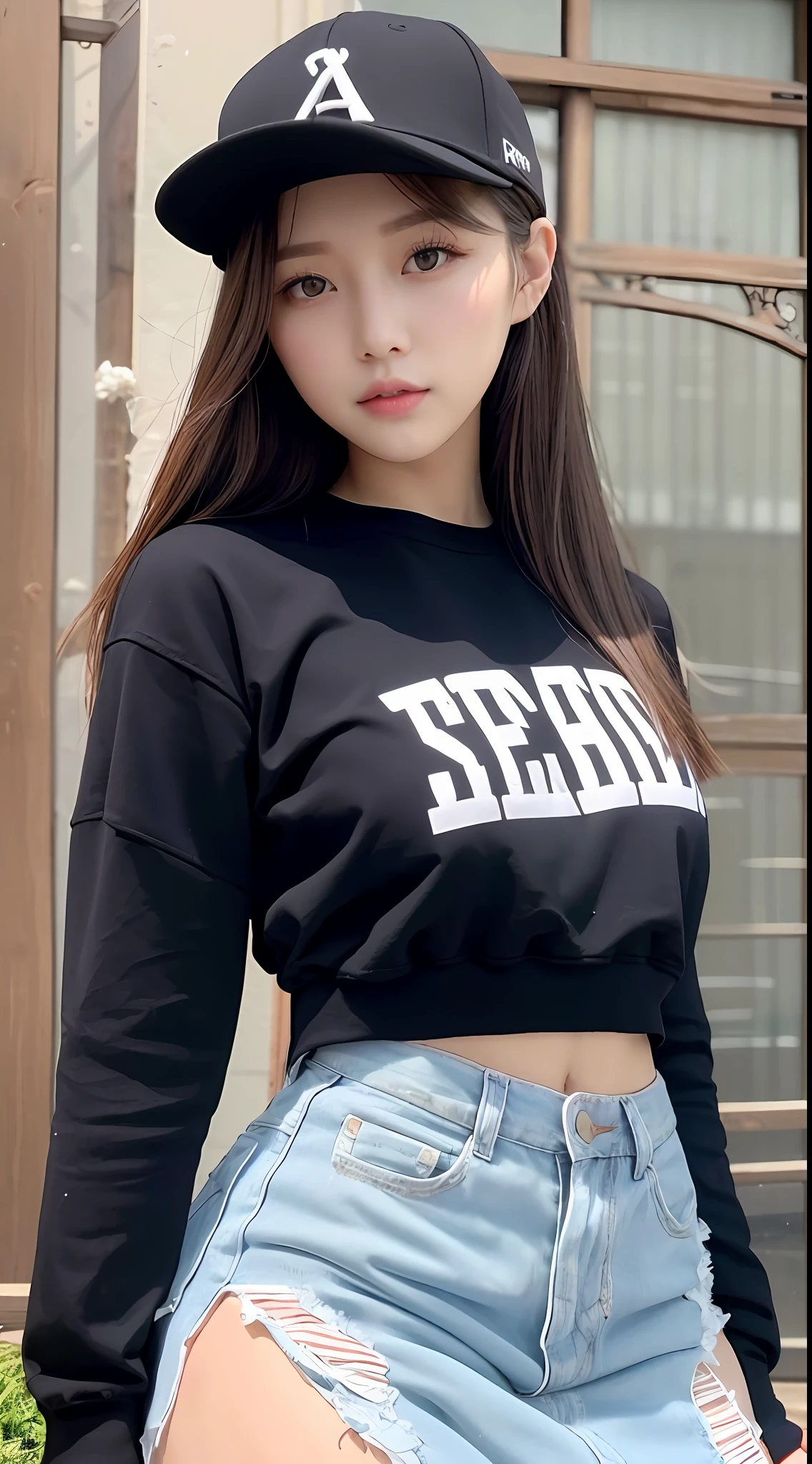 there is a woman that is looking out of a gate, young adorable korean face, Young and cute Asian face, young asian girl, A young Asian woman, Beautiful young Korean woman, wearing a baseball hat, portrait of a japanese , Young asian woman, Korean girl, wearing a cute hat, side portrait of cute girl, Chinese girl, Wearing a baseball cap。masterpaintings,Light makeup,Flaming red lips。ultrafine detailed,masterece-piece,Authentic texture,Cinematic lighting realism,perfect works,8K,Hi-Def,Delicate facial features。Wear a loose T-shirt on the upper body,The lower body is wearing a miniskirt,Thigh tie。Pear-shaped body。Rounded buttocks,Slender little man's waist,Perfect waist-hip ratio。