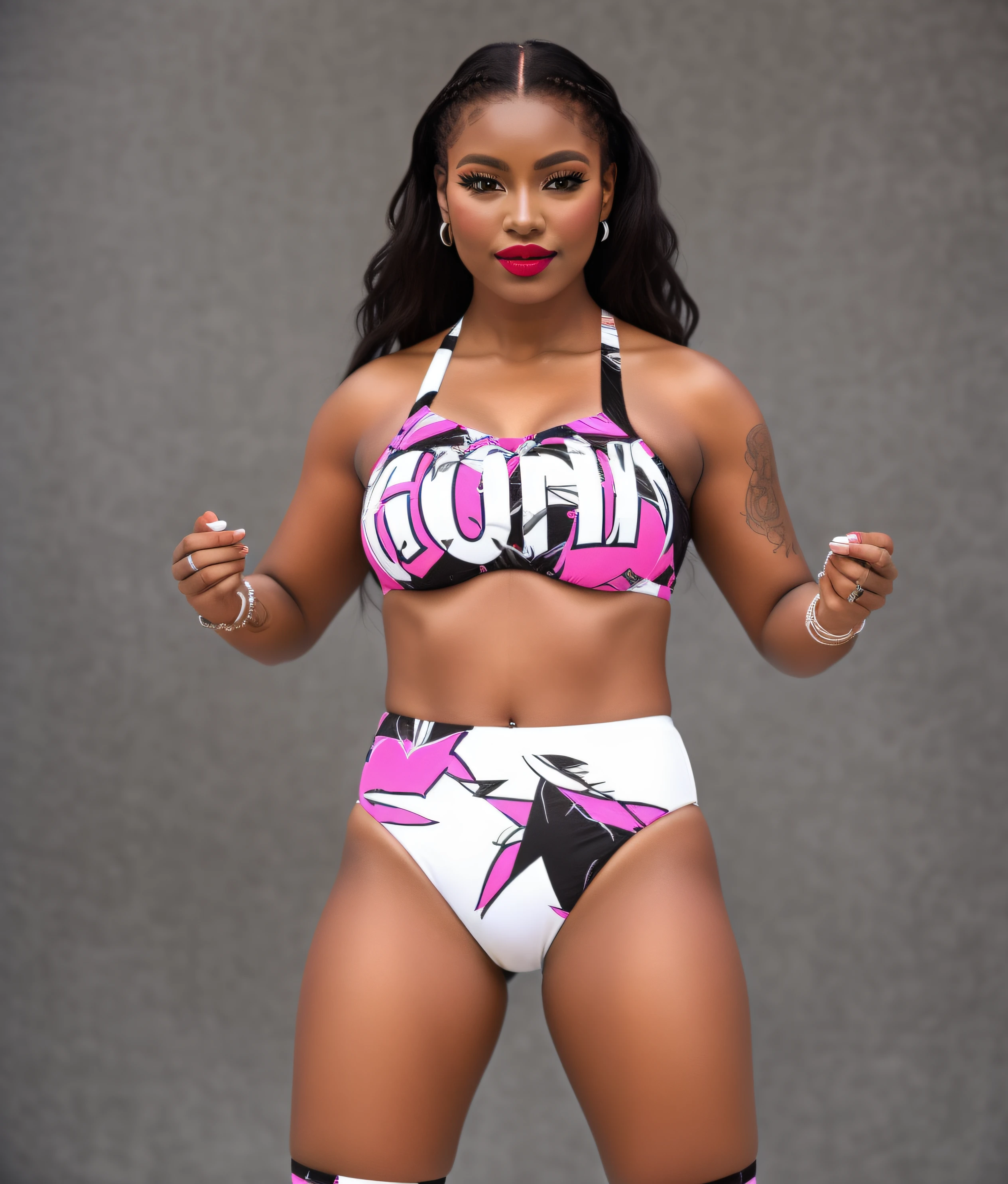 Curvy Black woman with long hair, in black magenta and white bra that says "MONA" and has a lipstick motif, black magenta and white trunks, white wristbands, wearing makeup and lipstick, photo realistic, intricate details