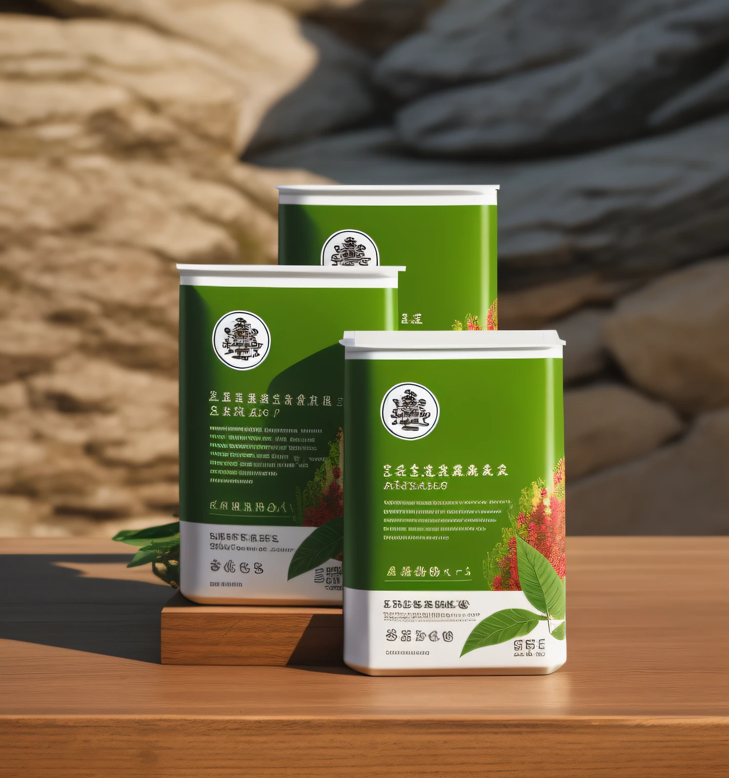 three packages of tea sit on a table in front of a mountain, Official product image, product photograph, green tea, product introduction photos
