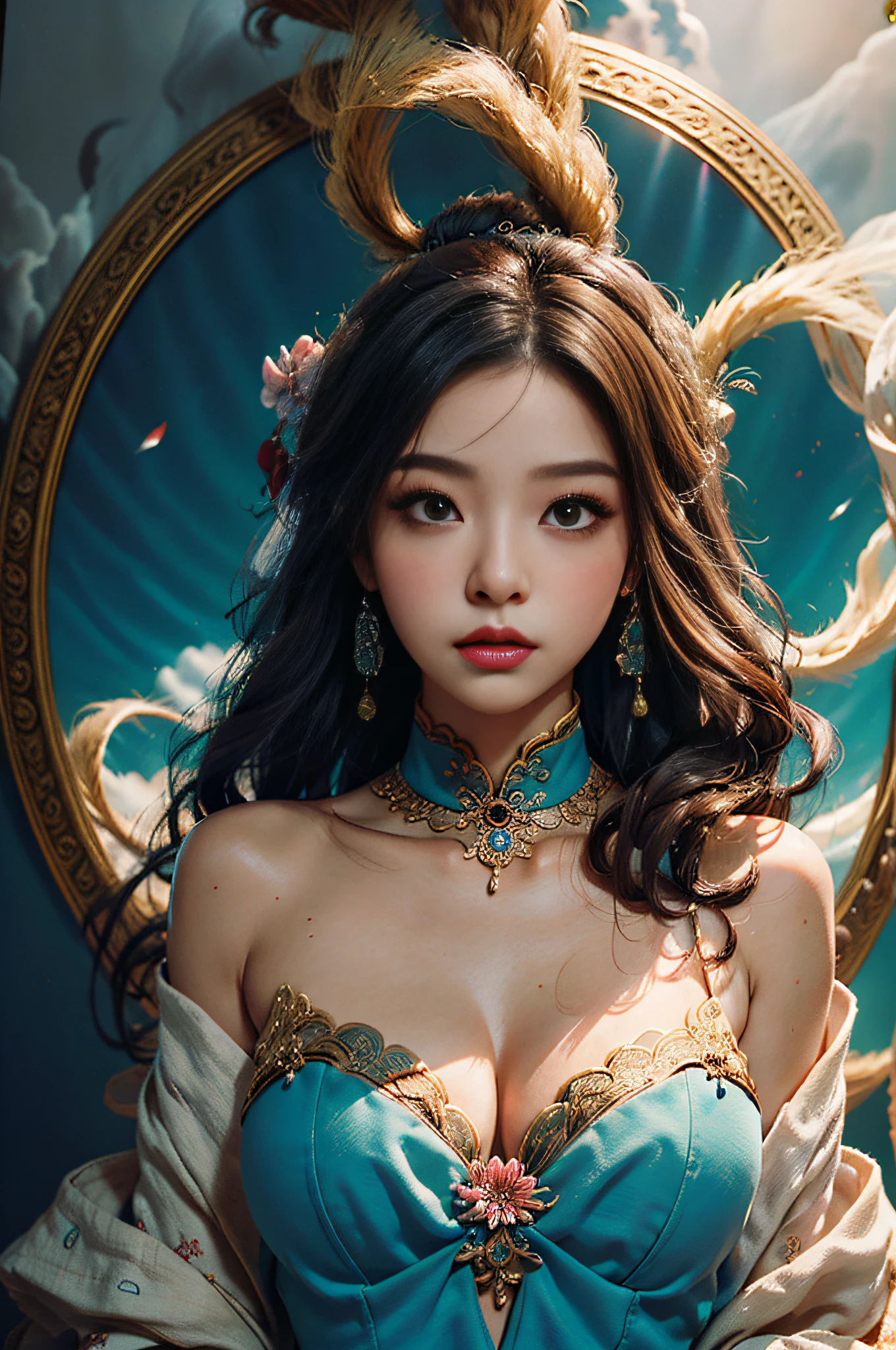 Zhong Fenghua, 1girl huge large breasts, (Whole human body) 独奏, Hanfu, flowers fields, blossom flower, (White smoke:1.3) (pphotorealistic:1.4),A coquettish expression,Bow your head shyly,Fawn rammed,Detailed expressions,The tension of love coming,disheveled hair,nmasterpiece,Absurde,Shy, Zen entanglement, a Mandala, entangled, offcial art, Unity 8k wallpaper, Ultra-detailded, Beautiful and beautiful, nmasterpiece,optimal quality, (dynamic angle:1.4), Glowing skin, (Floating colorful flashes:1)The most beautiful forms of chaos,elegantly,Fauvistdesign,vividcolor,Romantic depth of field,ultra-high-resolution