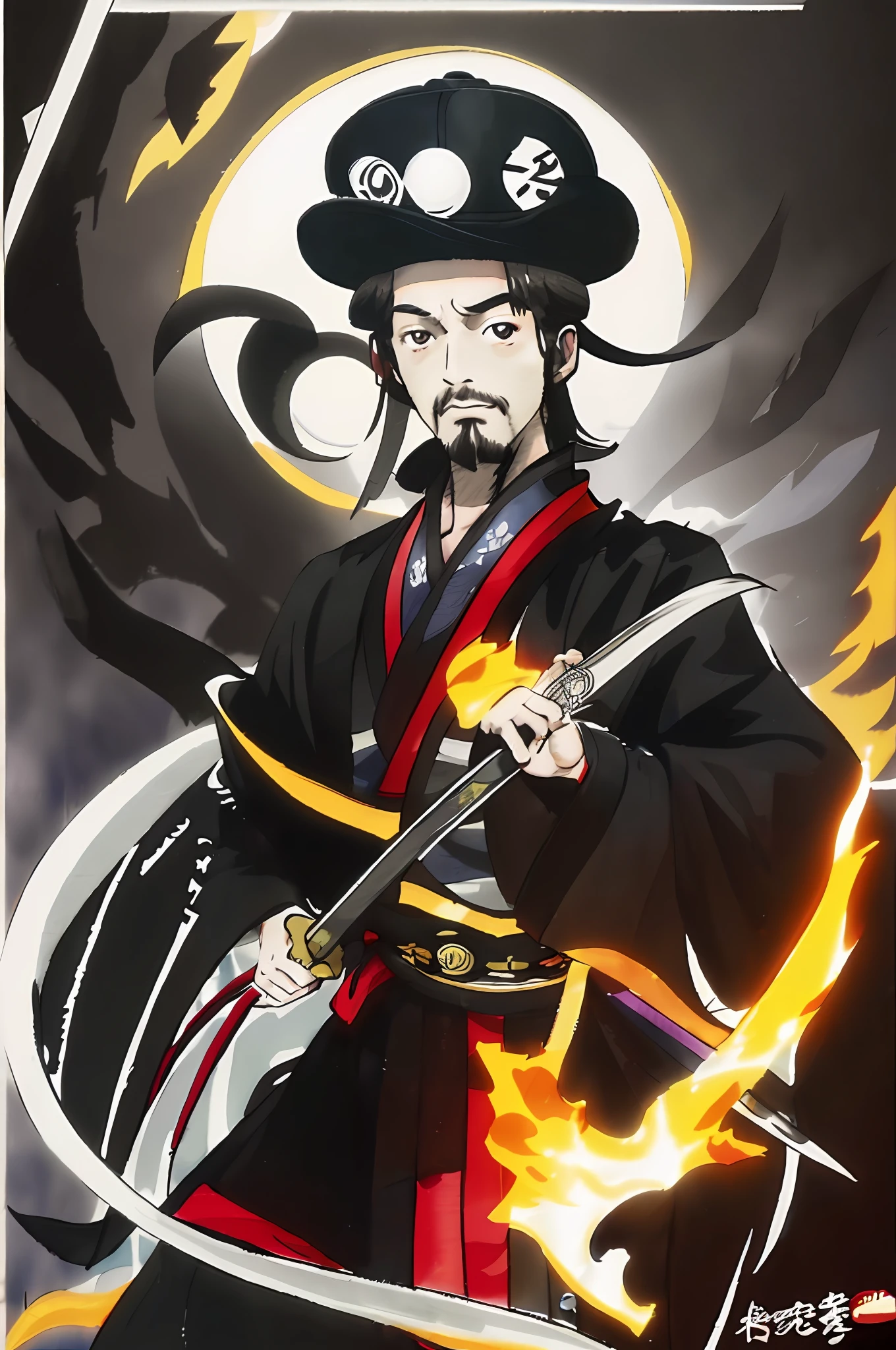 Alafd image，A handsome young man wearing a hat and cape and a black eye patch，Holding a sword in front of Yin Yin，yin yang，Taoism，Taoist master，yin yang，Mortal Kombat style，在四福🔥 😎 🕹️ 👀的风格：2，Stunning artwork，Combinatorial art，hd artwork，duality，Yin and yang shape，Official artwork