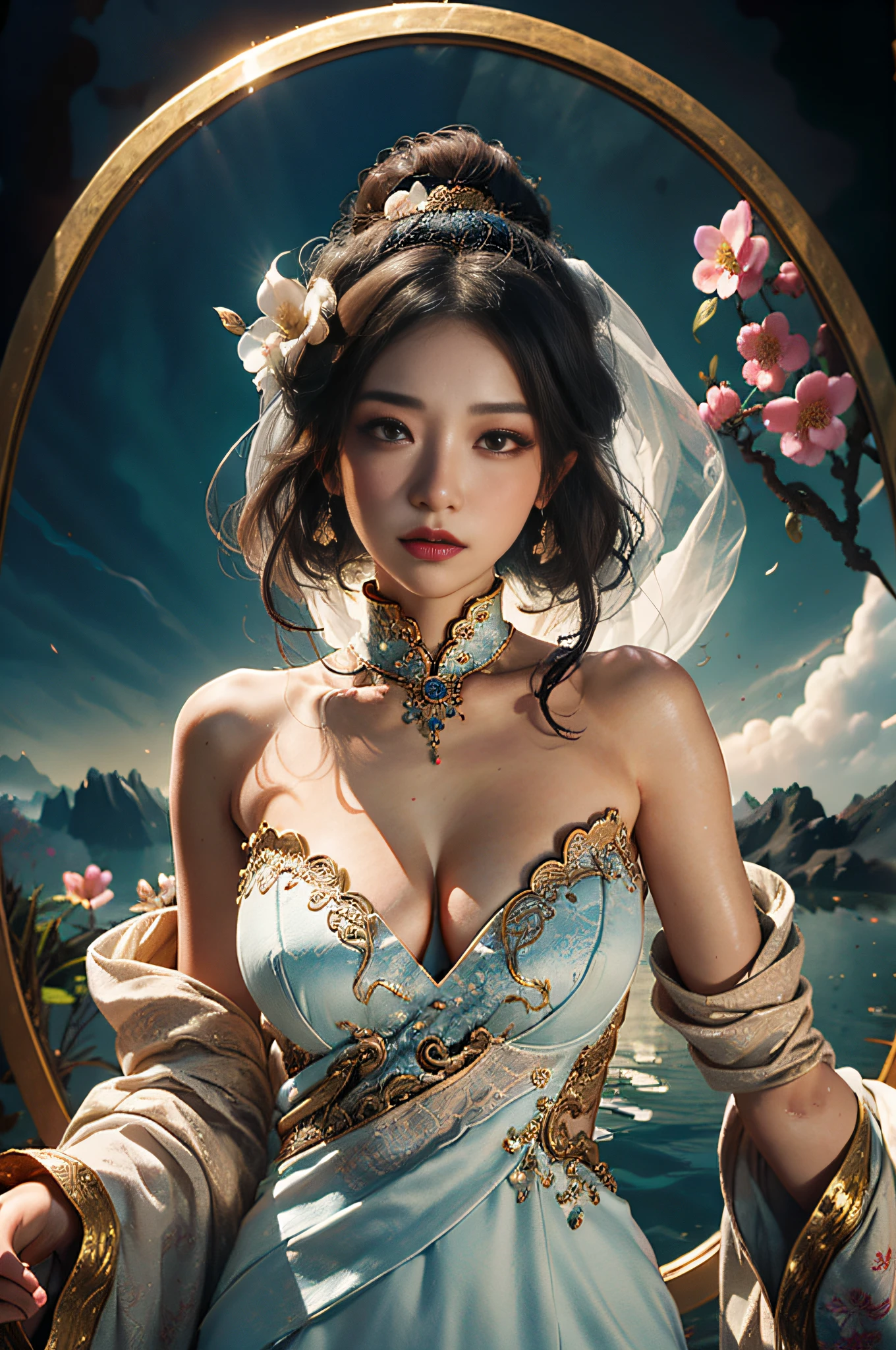 Zhong Fenghua， 1girl huge large breasts， （Whole human body） 独奏， Hanfu， flowers fields， blossom flower， （White smoke：1.3） （pphotorealistic：1.4），A coquettish expression，Bow your head shyly，Fawn rammed，Detailed expressions，The tension of love coming，disheveled hair，nmasterpiece，Absurde，Shy， Zen entanglement， a Mandala， entangled， offcial art， Unity 8k wallpaper， Ultra-detailded， Beautiful and beautiful， nmasterpiece，optimal quality， （dynamic angle：1.4）， Glowing skin， （Floating colorful flashes：1）The most beautiful forms of chaos，elegantly，Fauvistdesign，vividcolor，Romantic depth of field，ultra-high-resolution