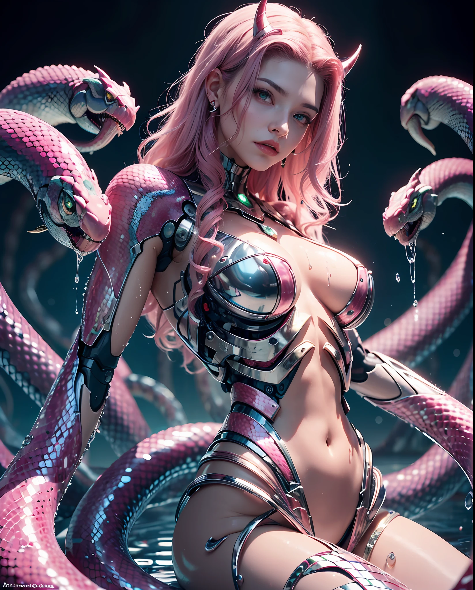 pink horns, pink scales,  red pupils, looking at viewer, masterpiece, best quality, It is surrounded by viscous liquid and is lifted by snakes, medusa head, reelmech, cyborg arm, anatomic body, cyborg arms, deadlock hair, snake hair, cyber snake, snake queen, fantasy style, hair snake, methamorphosis
