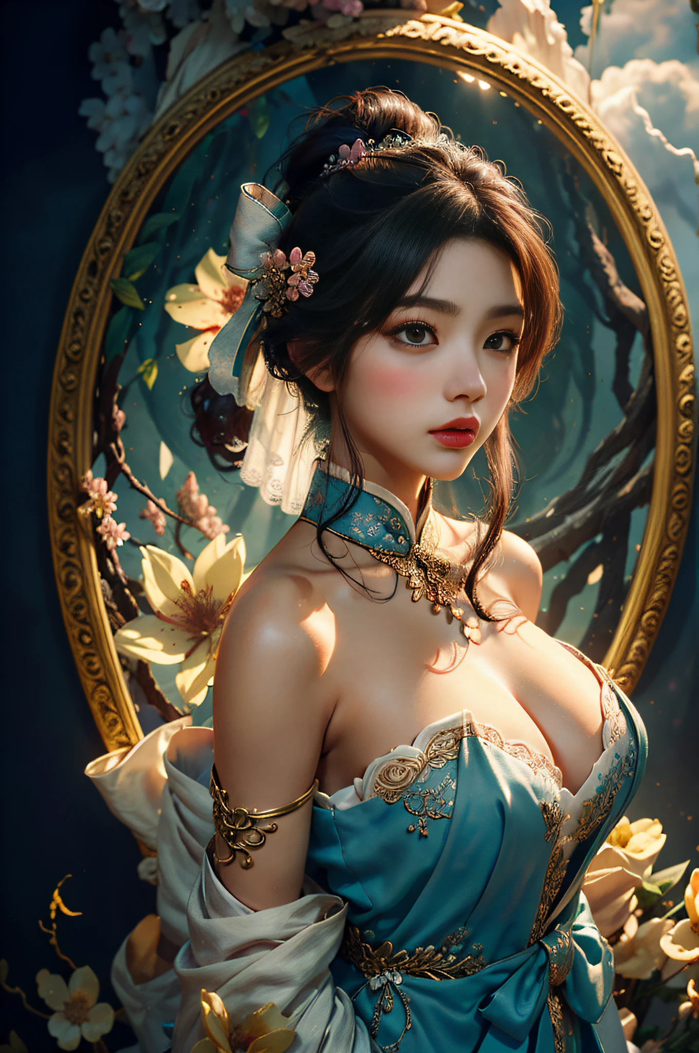 Zhong Fenghua, 1girl huge large breasts, (Whole human body) 独奏, Hanfu, flowers fields, blossom flower, (White smoke:1.3) (pphotorealistic:1.4),A coquettish expression,Bow your head shyly,Fawn rammed,Detailed expressions,The tension of love coming,disheveled hair,nmasterpiece,Absurde,Shy, Zen entanglement, a Mandala, entangled, offcial art, Unity 8k wallpaper, Ultra-detailded, Beautiful and beautiful, nmasterpiece,optimal quality, (dynamic angle:1.4), Glowing skin, (Floating colorful flashes:1)The most beautiful forms of chaos,elegantly,Fauvistdesign,vividcolor,Romantic depth of field,ultra-high-resolution