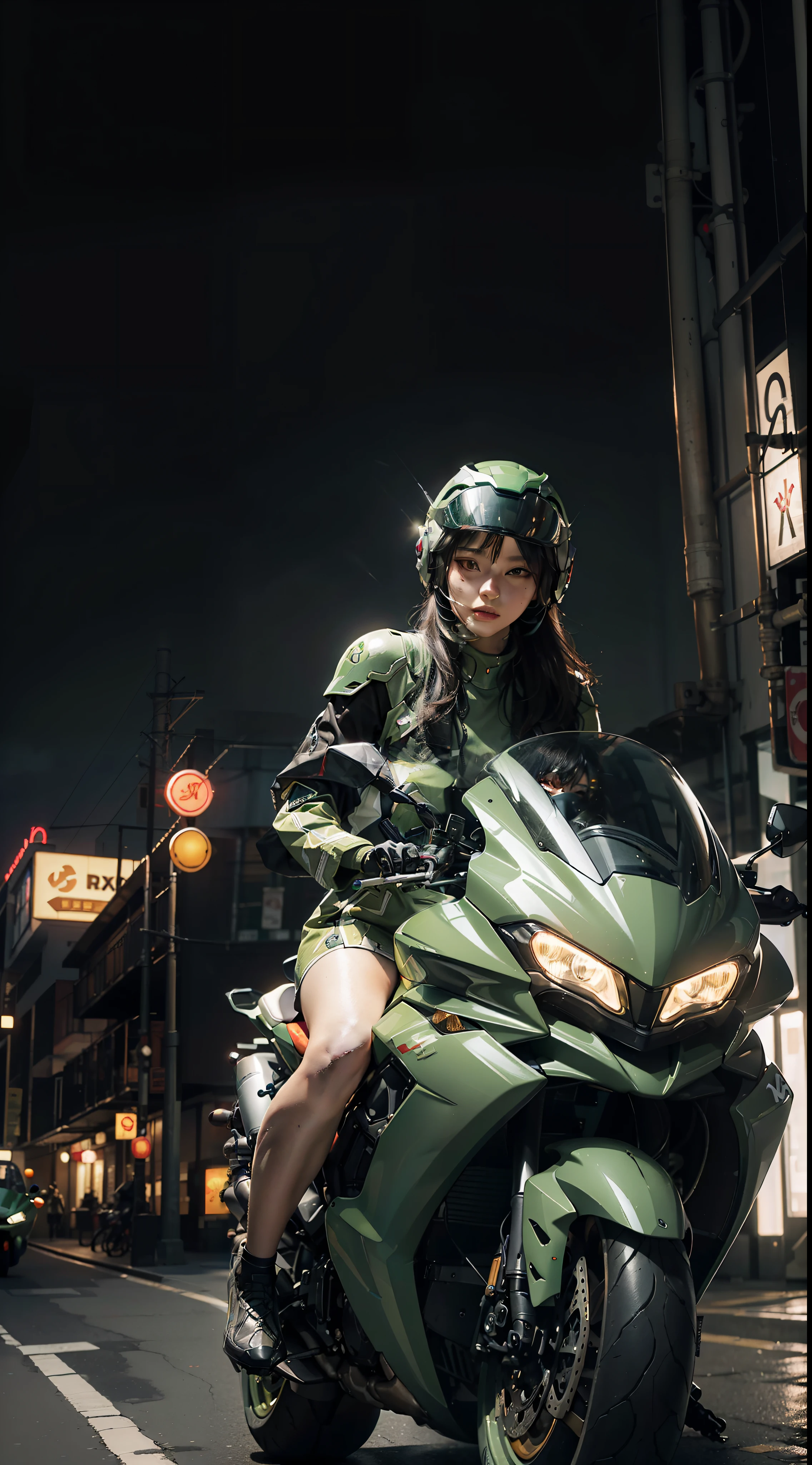 Highest image quality, outstanding details, ultra-high resolution, (realism: 1.4), the best illustration, favor details, highly condensed 1girl, with a delicate and beautiful face, dressed in a black and green mecha, wearing a mecha helmet, holding a directional controller, riding on a motorcycle, the background is a high-tech lighting scene of the future city.